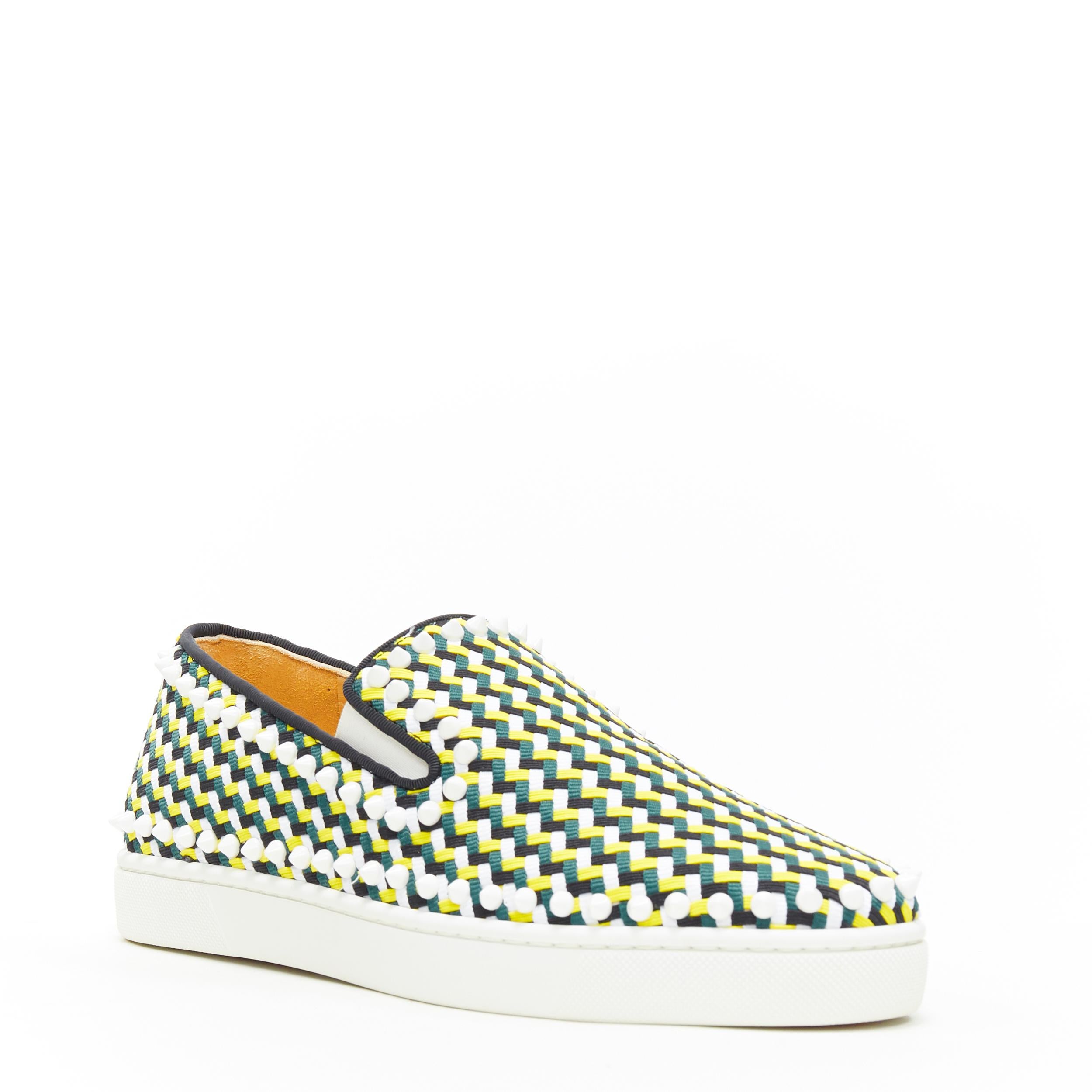 new CHRISTIAN LOUBOUTIN Pik Boat Flat  Zig Zag yellow green woven sneakers EU40
Brand: Christian Louboutin
Designer: Christian Louboutin
Model Name / Style: Pik Boat
Material: Leather
Color: Green
Pattern: Geometric
Closure: Slip on
Extra Detail: