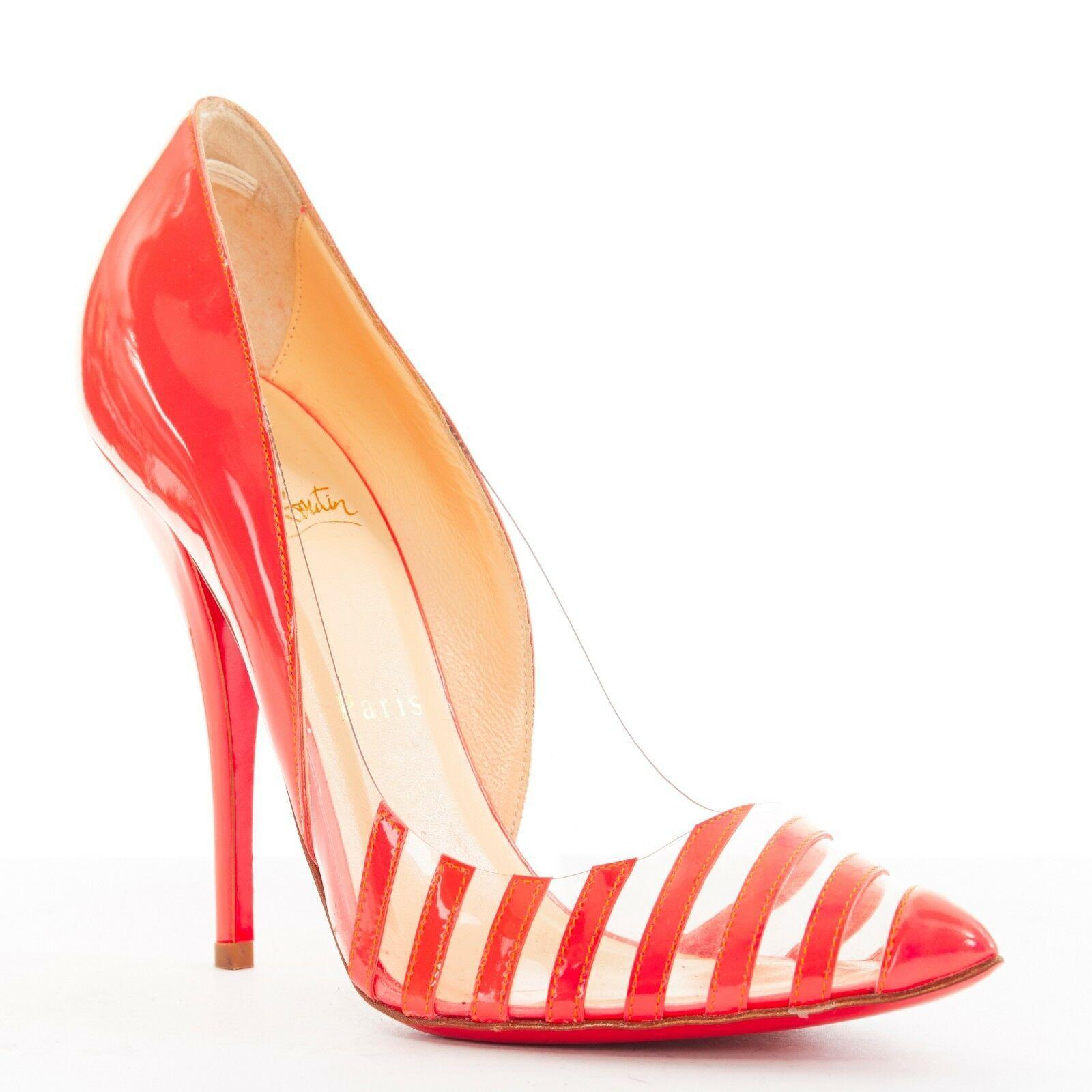 new CHRISTIAN LOUBOUTIN Pivichic 100 neon pink patent PVC stripe pump EU36.5
CHRISTIAN LOUBOUTIN
Pivichic 100. 
Neon fluorescent pink patent leather and clear PVC. 
Striped toe box. 
Pointed toe. 
Neon pink covered heel. 
Stiletto heel. 
Signature