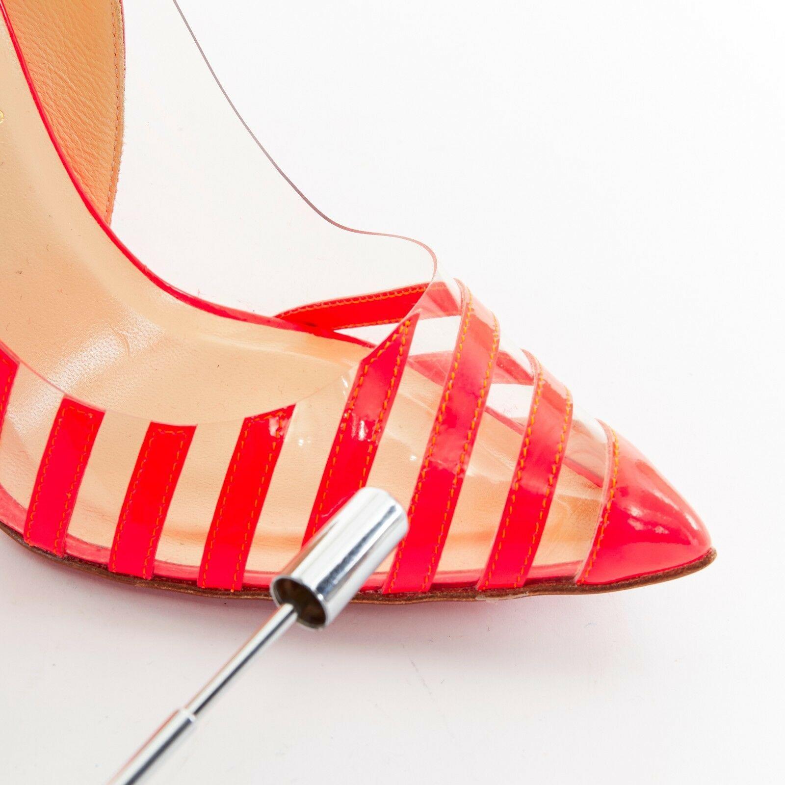 new CHRISTIAN LOUBOUTIN Pivichic 100 neon pink patent PVC stripe pump EU36.5 3