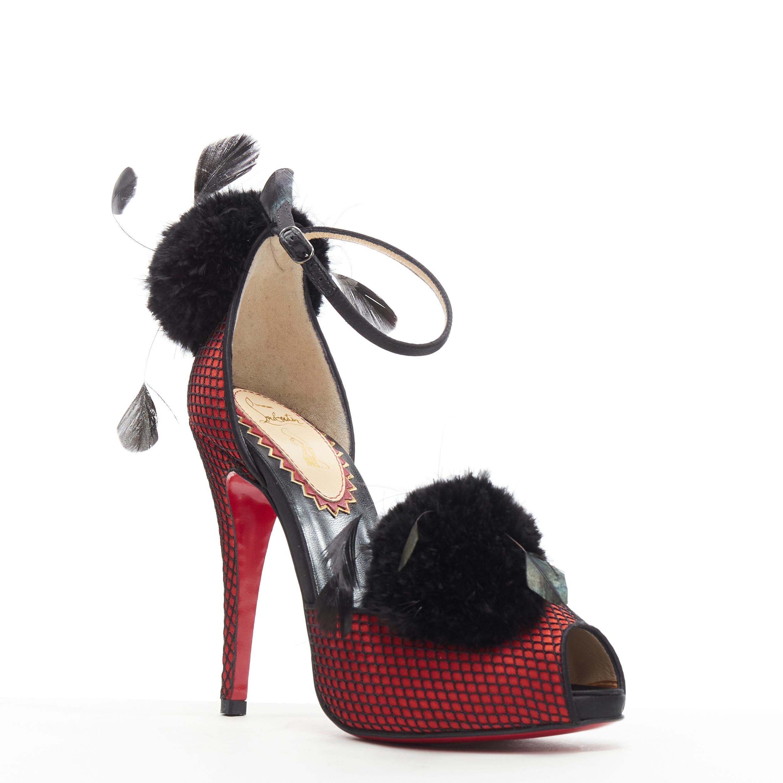 new CHRISTIAN LOUBOUTIN Pluminette red fishnet feather pom peep toe heel EU35.5 
Reference: TGAS/B00798 
Brand: Christian Louboutin 
Designer: Christian Louboutin 
Model: Pluminette 
Material: Silk 
Color: Red 
Closure: Ankle strap 
Extra Detail: