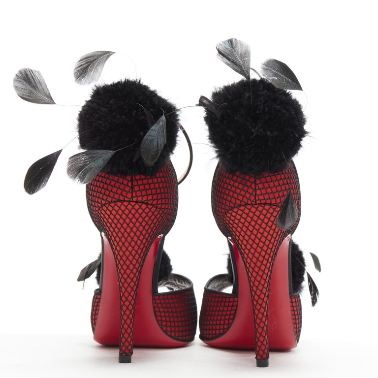 new CHRISTIAN LOUBOUTIN Pluminette red fishnet feather pom peep toe heel  EU35.5 at 1stDibs | fishnet louboutins with iridescent jewels, christian  louboutin feather heels, red fishnet heels