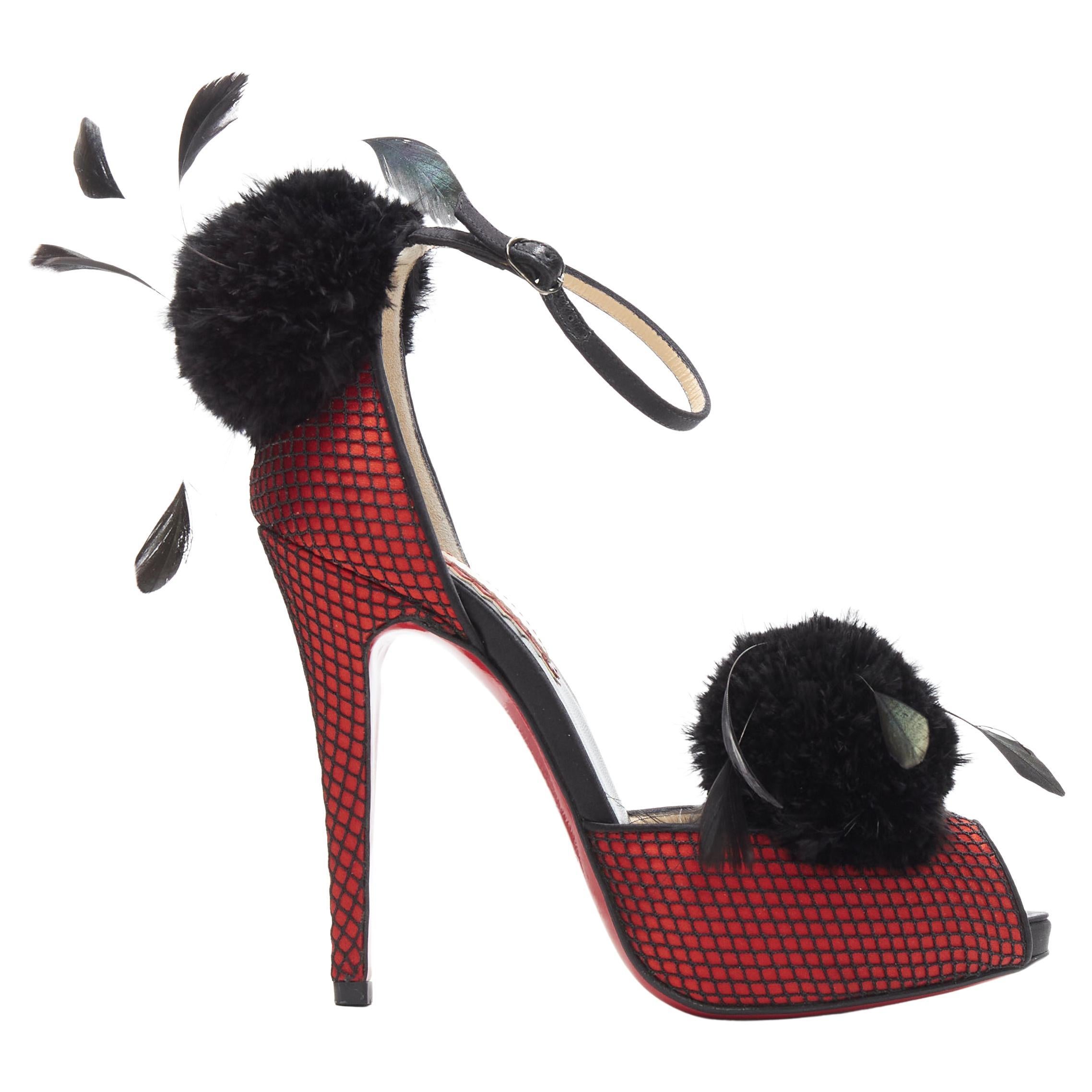 new CHRISTIAN LOUBOUTIN Pluminette red fishnet feather pom peep toe heel  EU35.5 at 1stDibs | fishnet louboutins with iridescent jewels, christian  louboutin feather heels, red fishnet heels