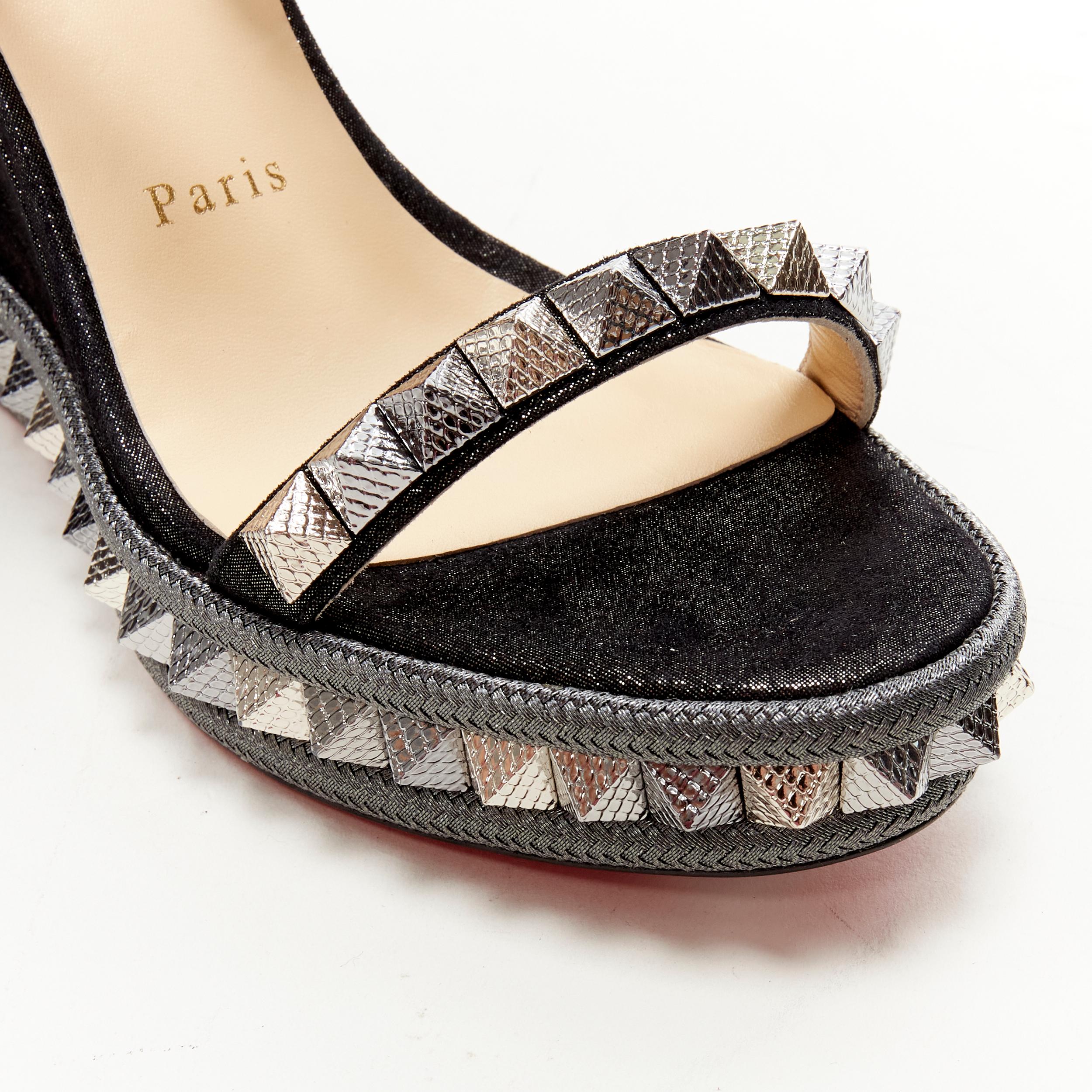 Women's new CHRISTIAN LOUBOUTIN Pyraclou 110 black lame studded platform wedge EU37