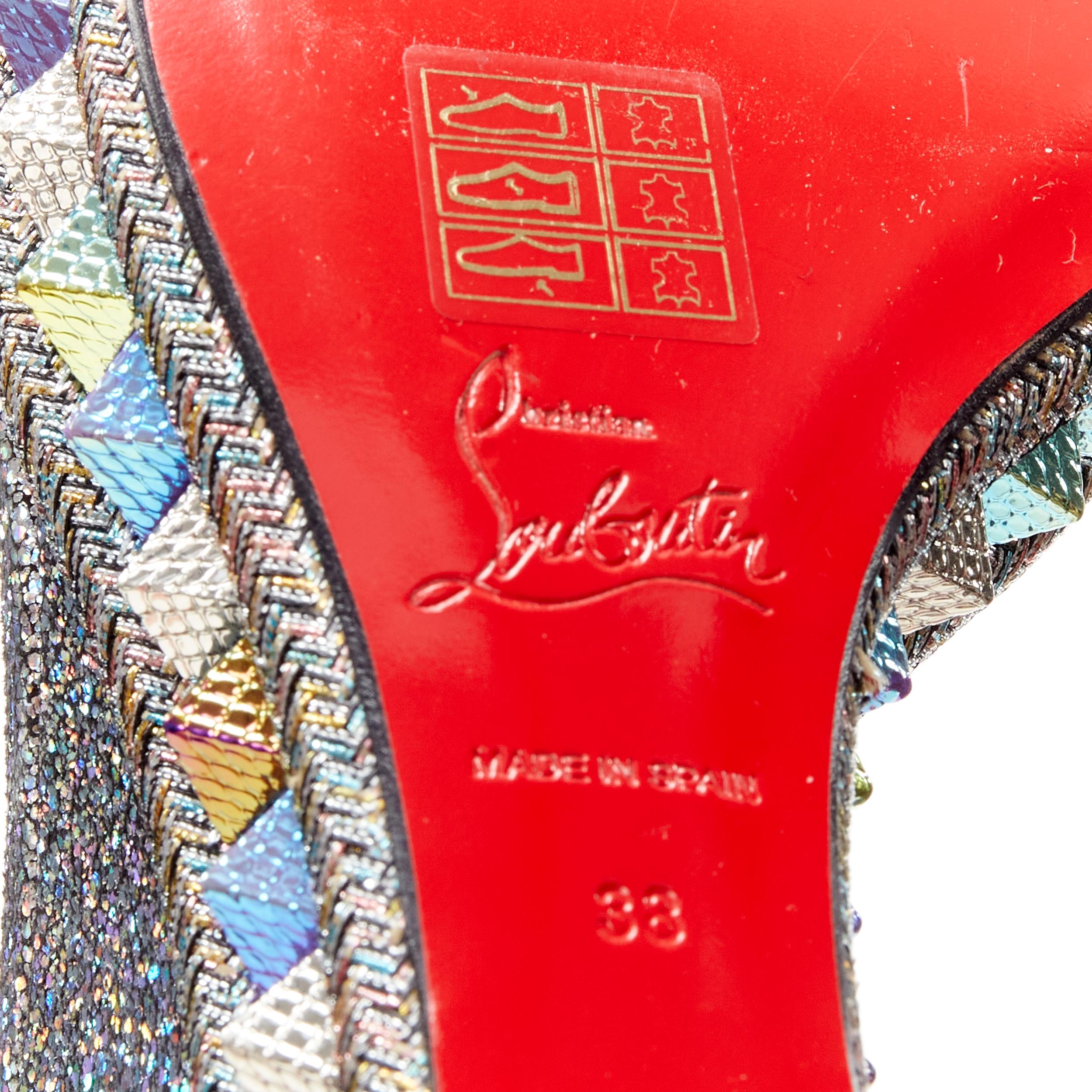 new CHRISTIAN LOUBOUTIN Pyraclou 110 silver lame stud platform wedge EU38 5