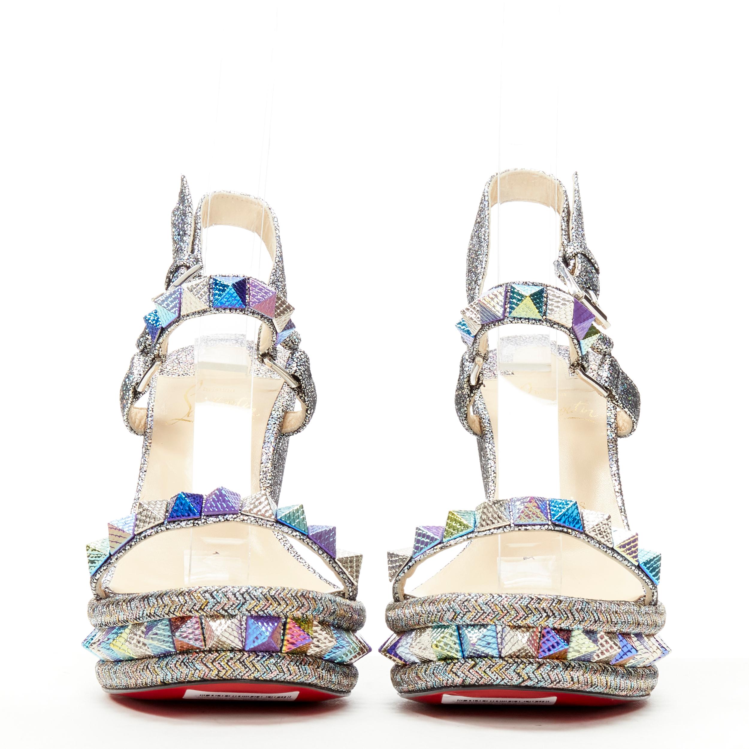Silver new CHRISTIAN LOUBOUTIN Pyraclou 110 silver lame stud platform wedge EU38