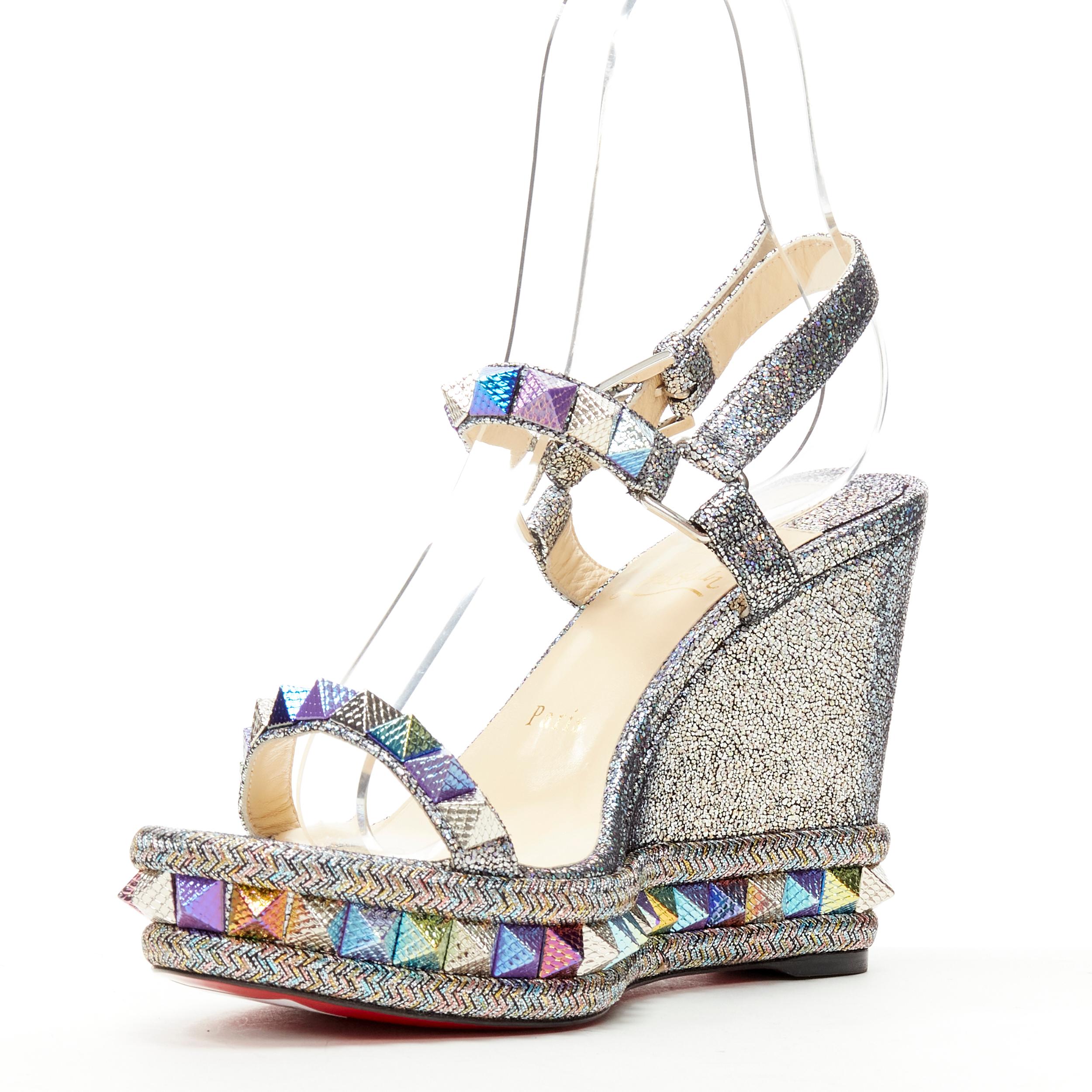 new CHRISTIAN LOUBOUTIN Pyraclou 110 silver lame stud platform wedge EU38 In New Condition In Hong Kong, NT