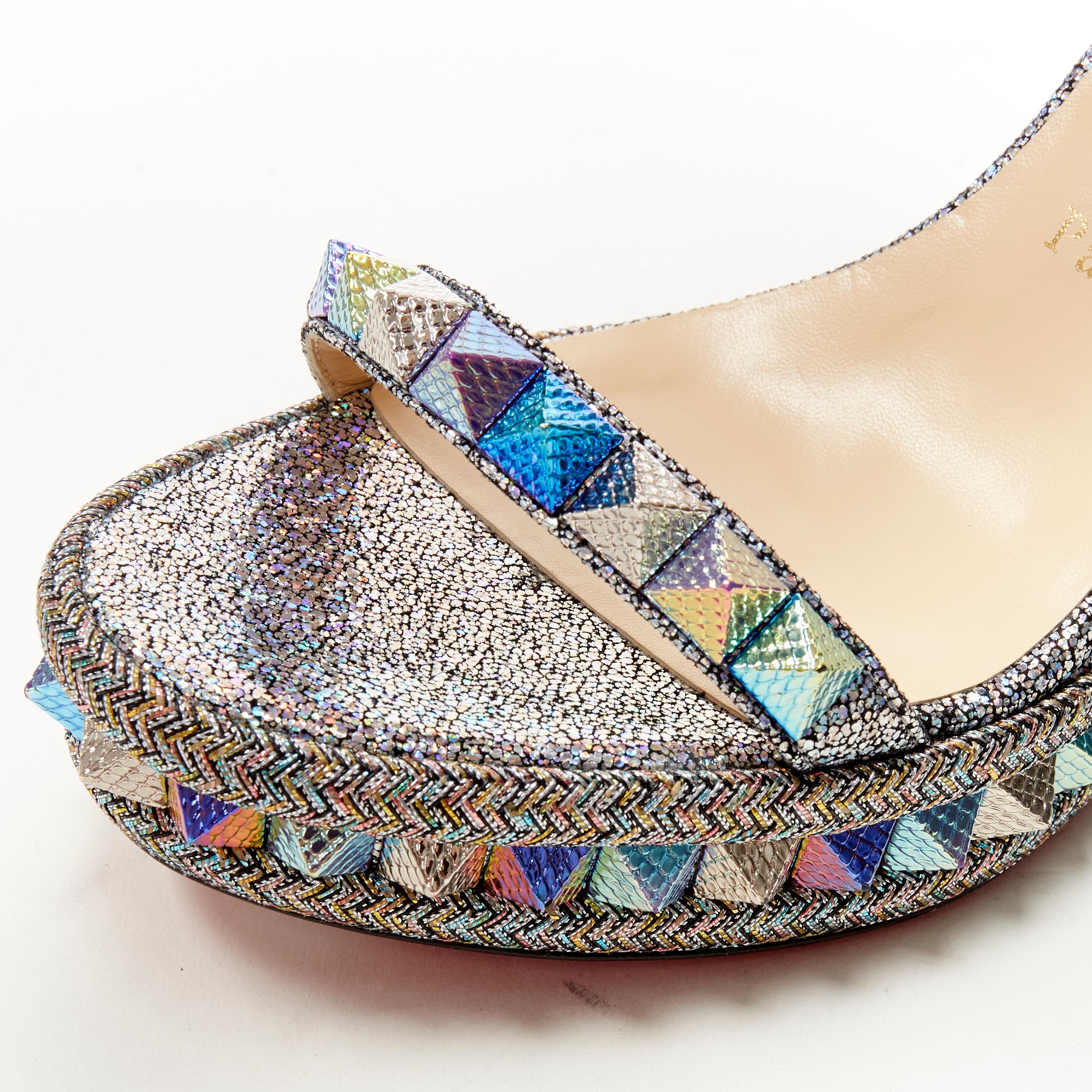 new CHRISTIAN LOUBOUTIN Pyraclou 110 silver lame stud platform wedge EU38 2