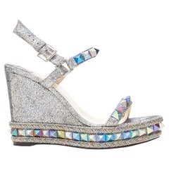 new CHRISTIAN LOUBOUTIN Pyraclou 110 silver lame stud platform wedge EU38