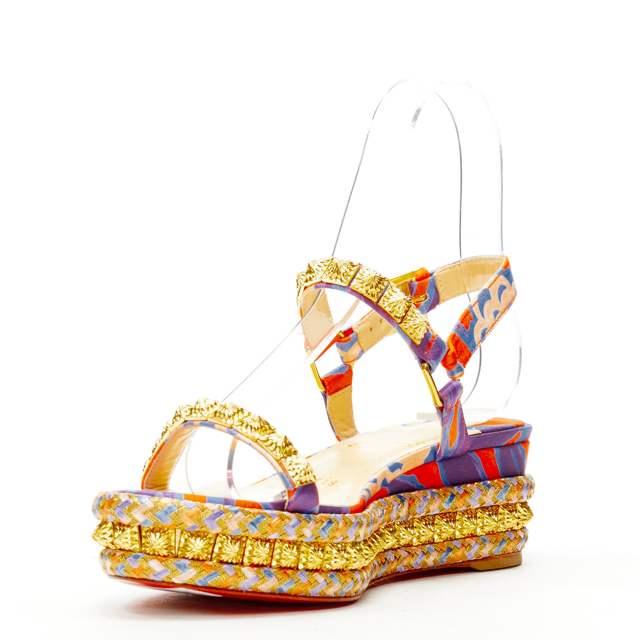 Gold new CHRISTIAN LOUBOUTIN Pyraclou 60 Crepe Satin Raoul gold stud platforms EU36