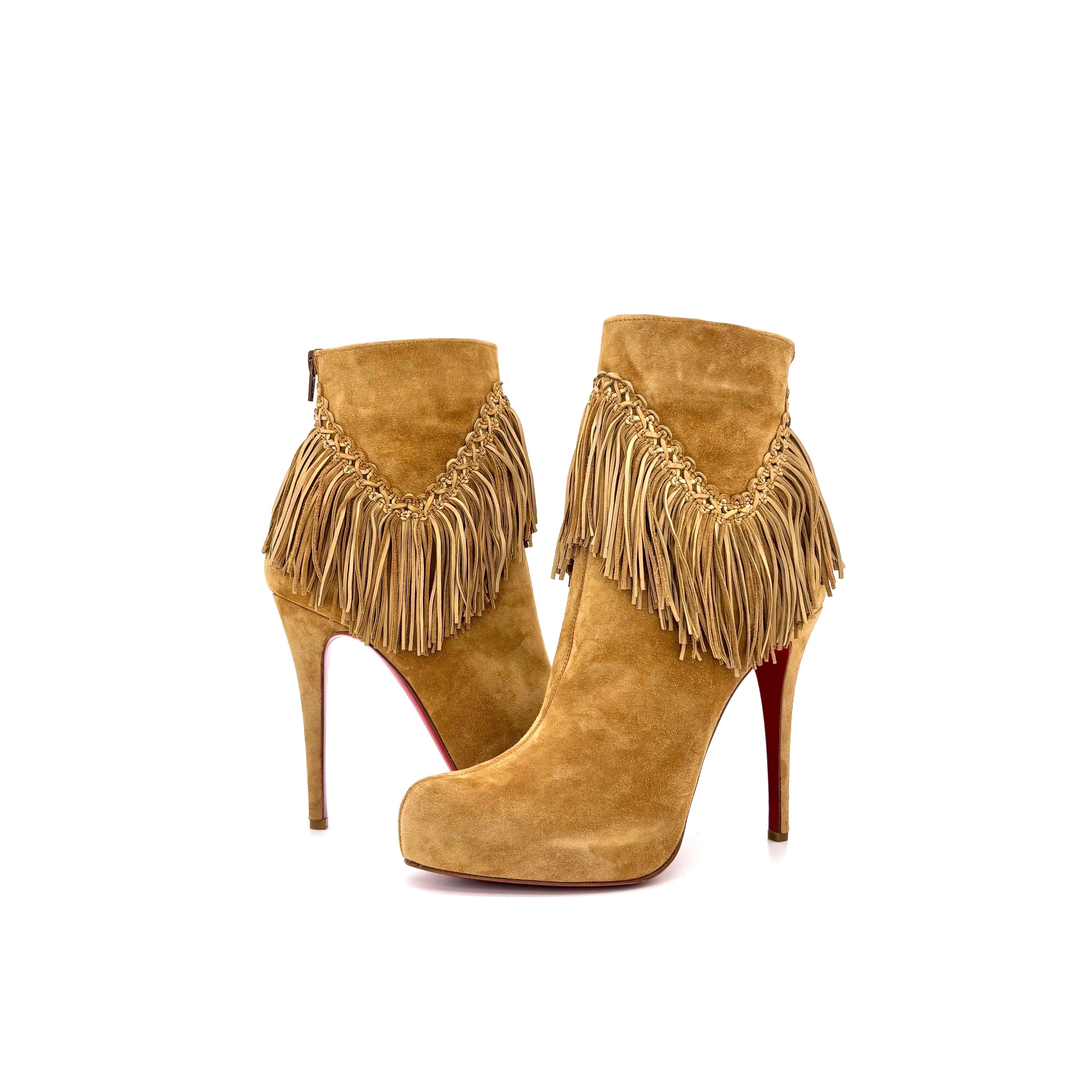 Christian Louboutin Rom 120 Fringe Stiletto Heel Western Style Boots
Fall/Winter 2015

Color Tan
Size 40.5EU
Suede upper
Leather lined 
High platform with stiletto heel
Red bottoms
Back heel zip

New, no signs of wear

These Christian Louboutin Rom
