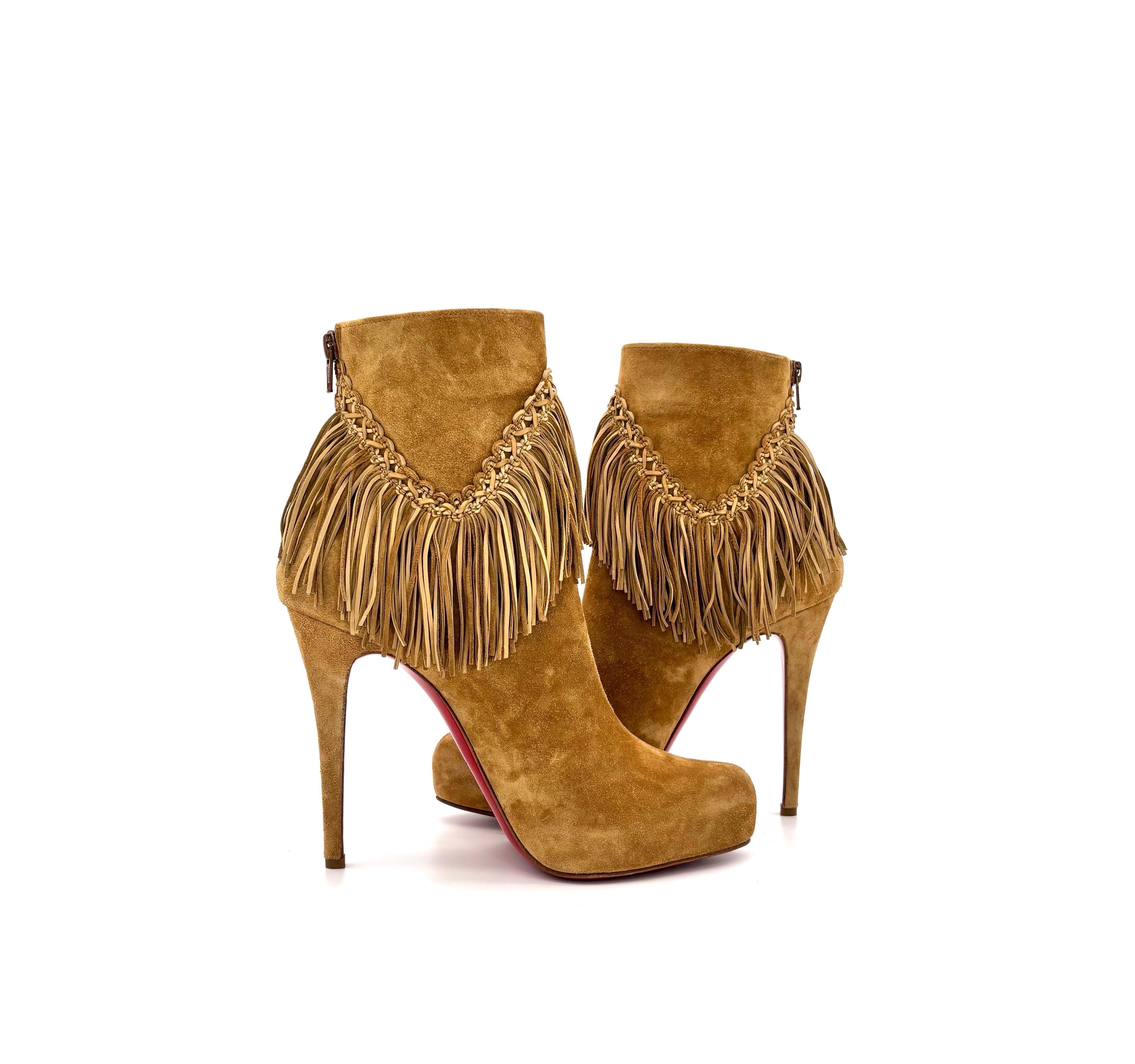 Marrone NEW Christian Louboutin Rom 120 Fringe Stiletto Heel Western Style Boots 40.5 in vendita
