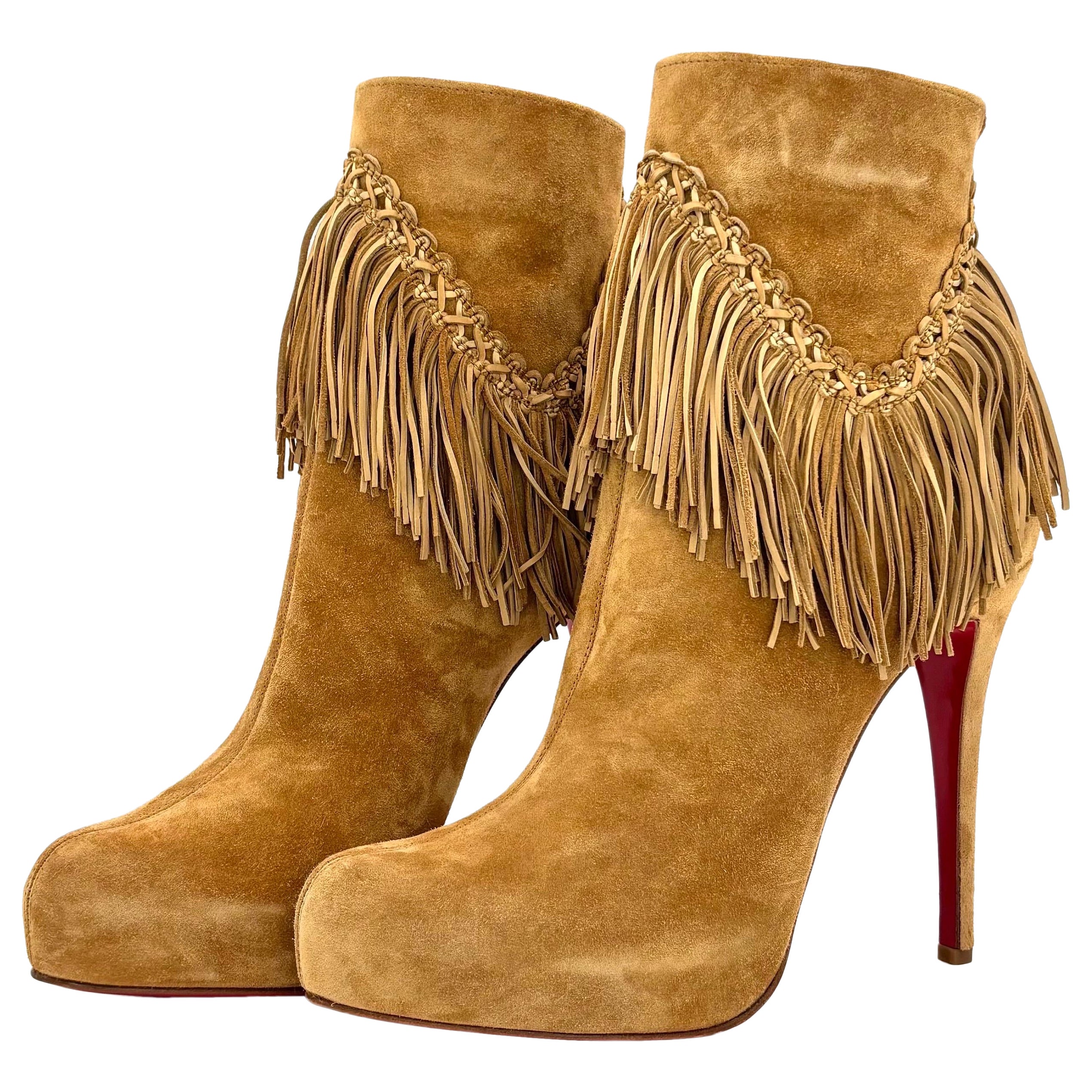 NEW Christian Louboutin Rom 120 Fringe Stiletto Heel Western Style Boots 40.5 in vendita