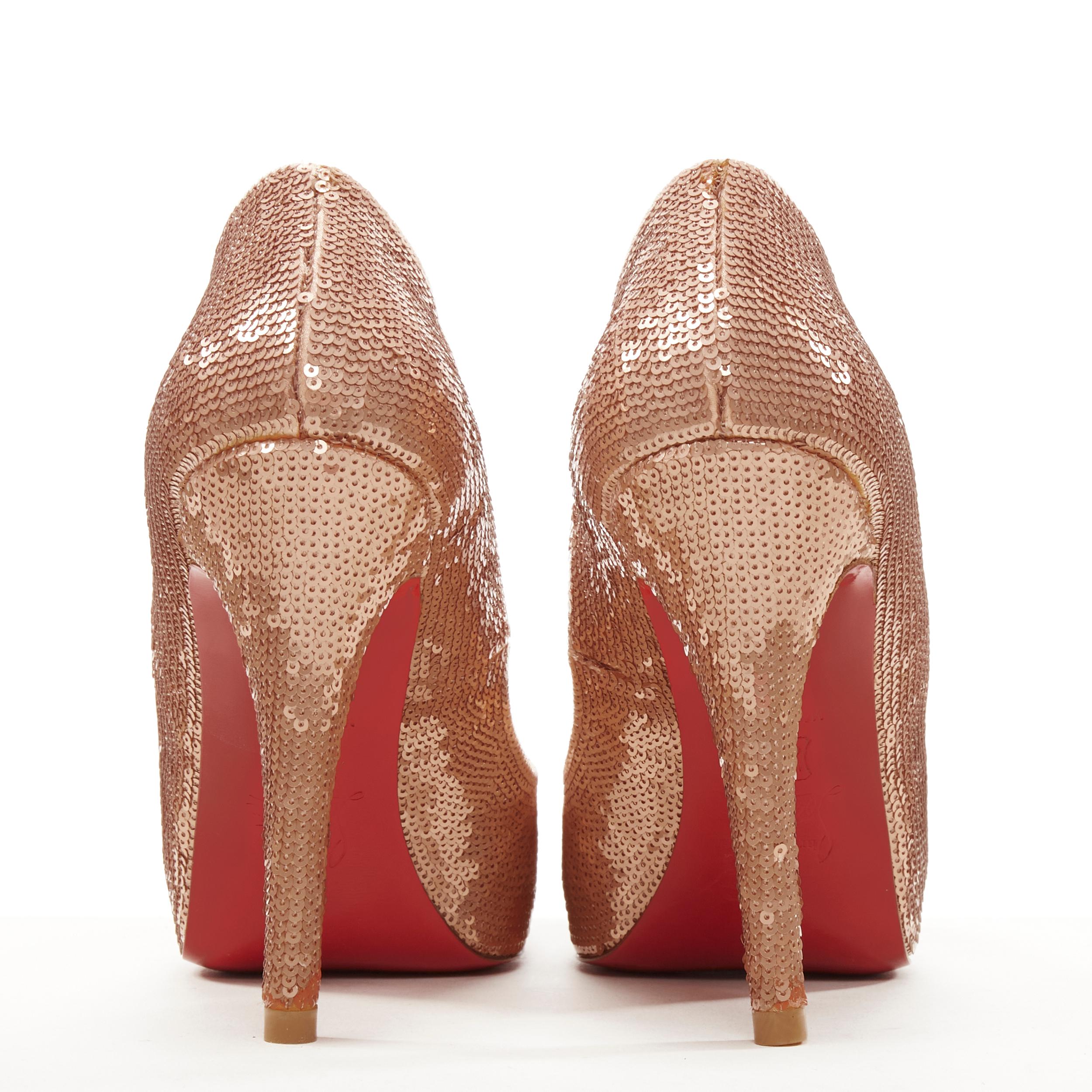 new CHRISTIAN LOUBOUTIN rose gold sequins embellished peep toe platform EU37.5 In Excellent Condition In Hong Kong, NT