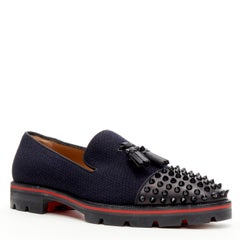 new CHRISTIAN LOUBOUTIN Rossini Flat navy tweed spike toe  tassel lug sole EU42