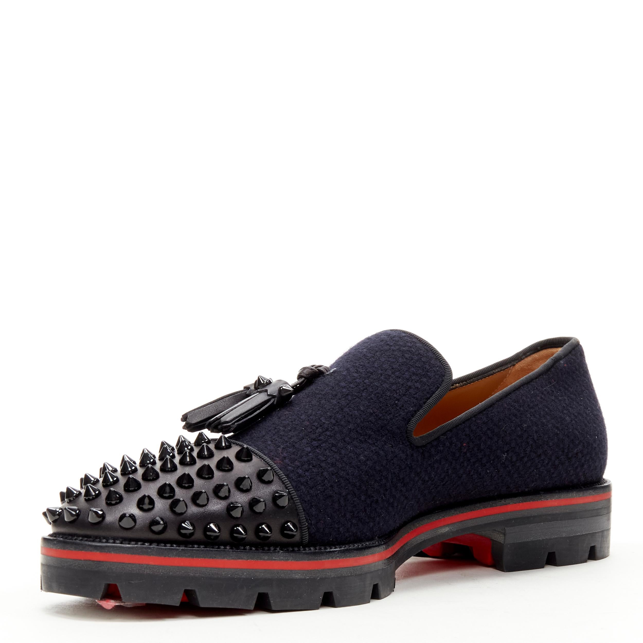new CHRISTIAN LOUBOUTIN Rossini Flat navy tweed spike toe  tassel lug sole EU42 In New Condition For Sale In Hong Kong, NT