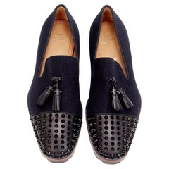 new CHRISTIAN LOUBOUTIN Rossini Flat navy tweed spike toe  tassel lug sole EU42