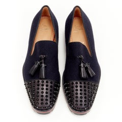 new CHRISTIAN LOUBOUTIN Rossini Flat navy tweed studed toe tassel loafer EU42.5