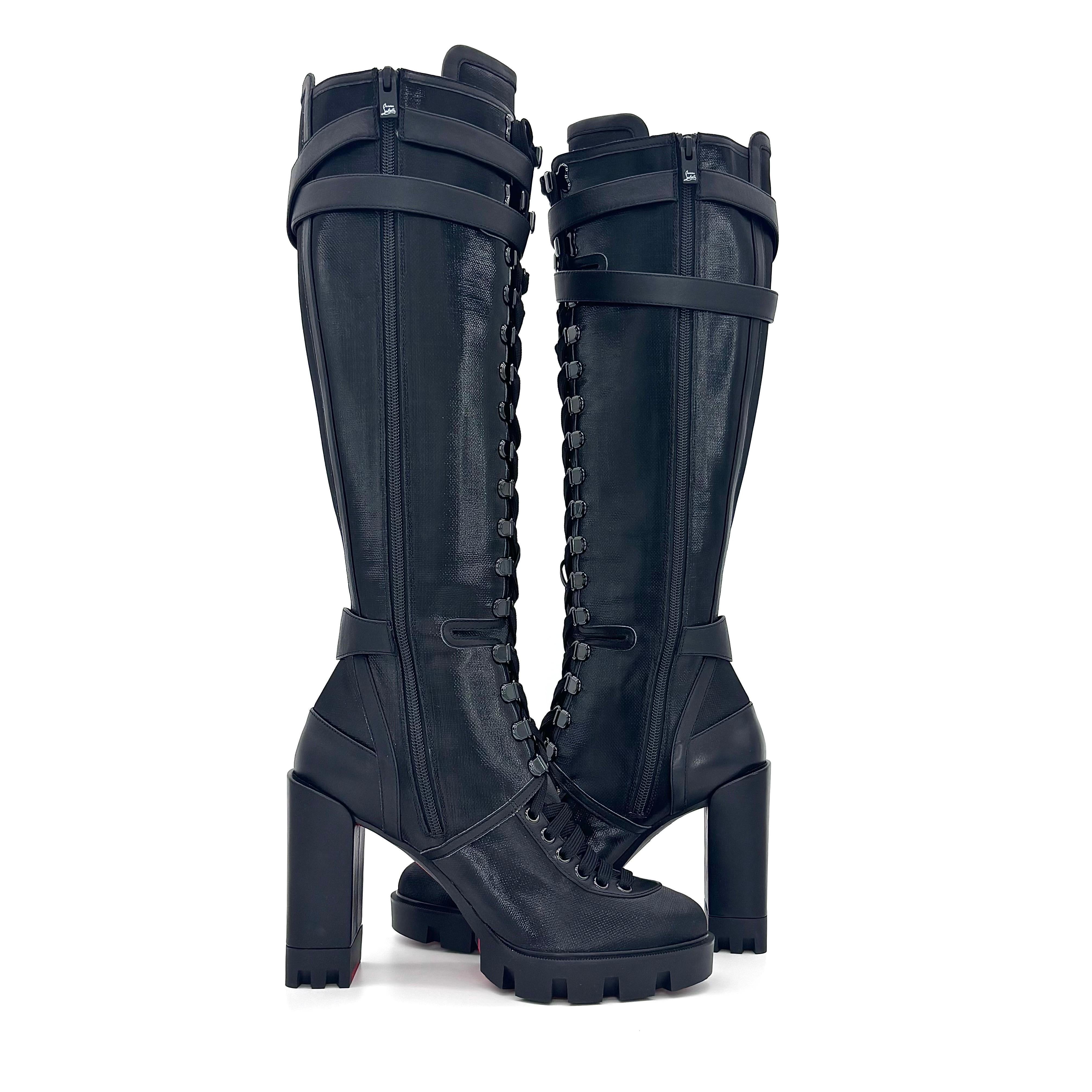 Black NEW Christian Louboutin Sand And Glory 100 Knee High Lug Platform Boots 39.5