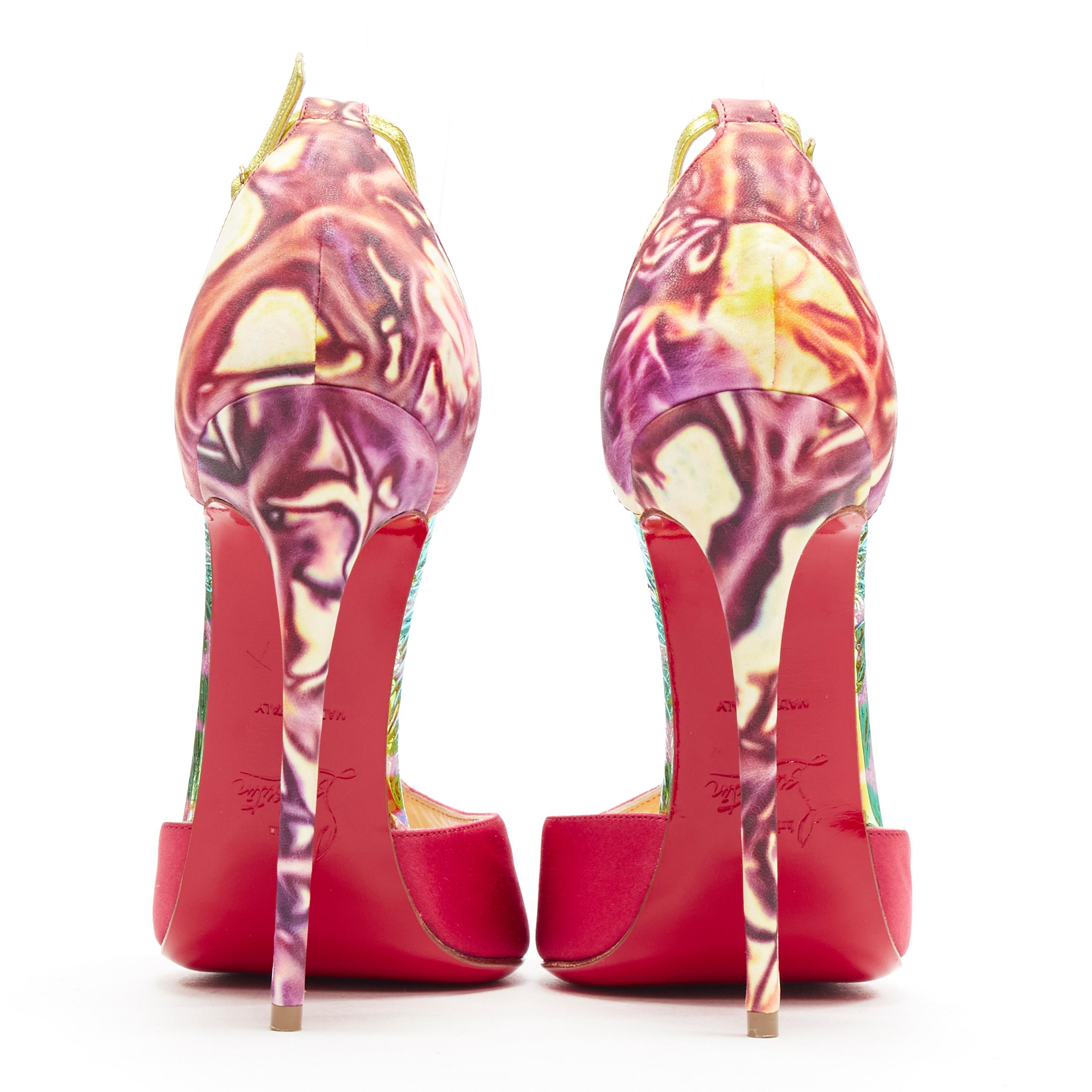 De las mujeres nueva sandalia CHRISTIAN LOUBOUTIN Senora 130 satén rosa con estampado abstracto EU37