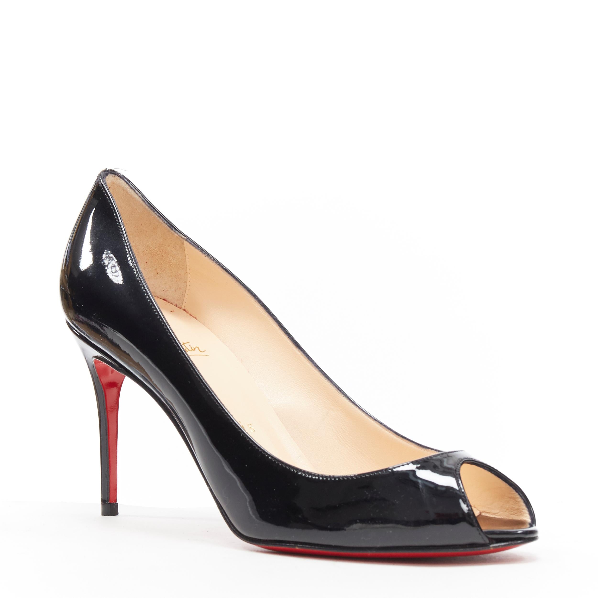 new CHRISTIAN LOUBOUTIN Sexy 85 black patent peep toe slim mid heel pump EU38
Brand: Christian Louboutin
Designer: Christian Louboutin
Model Name / Style: Sexy 85
Material: Leather
Color: Black
Pattern: Solid
Closure: Slip on
Extra Detail: High