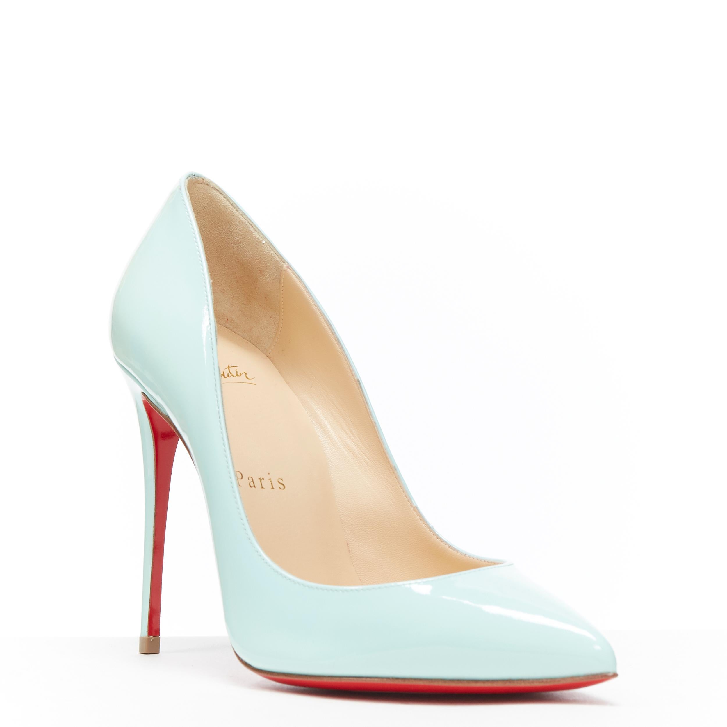 new CHRISTIAN LOUBOUTIN So Kate 100 mint blue patent point toe pigalle pump EU36
Brand: Christian Louboutin
Designer: Christian Louboutin
Model Name / Style: So kate 100
Material: Patent leather
Color: Blue
Pattern: Solid
Lining material:
