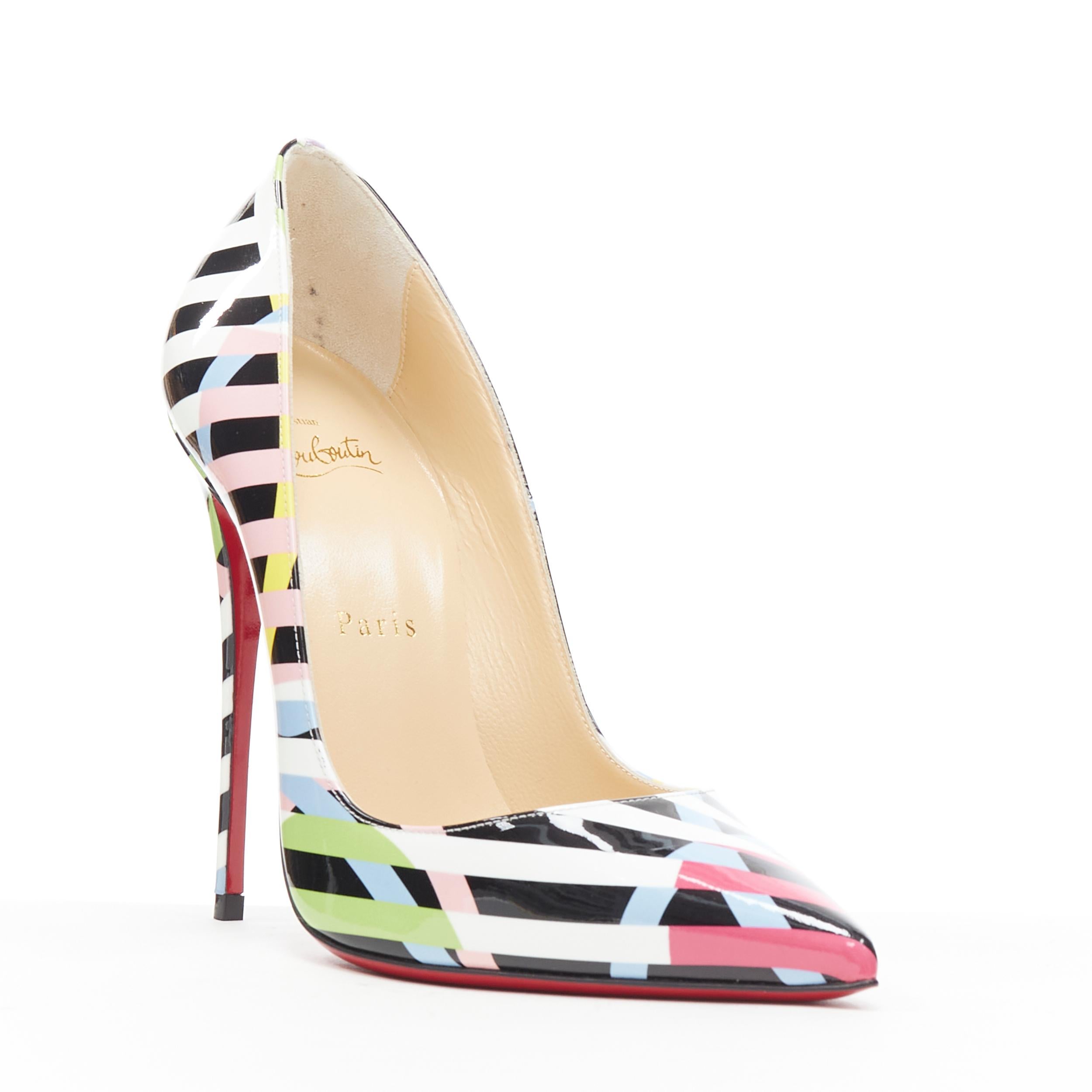 new CHRISTIAN LOUBOUTIN So Kate 120 Cinestripes patent stiletto Pigalle EU36.5 
Reference: TGAS/B00135 
Brand: Christian Louboutin 
Designer: Christian Louboutin 
Model: So Kate 120 
Material: Patent leather 
Color: Multicolour 
Pattern: Striped
