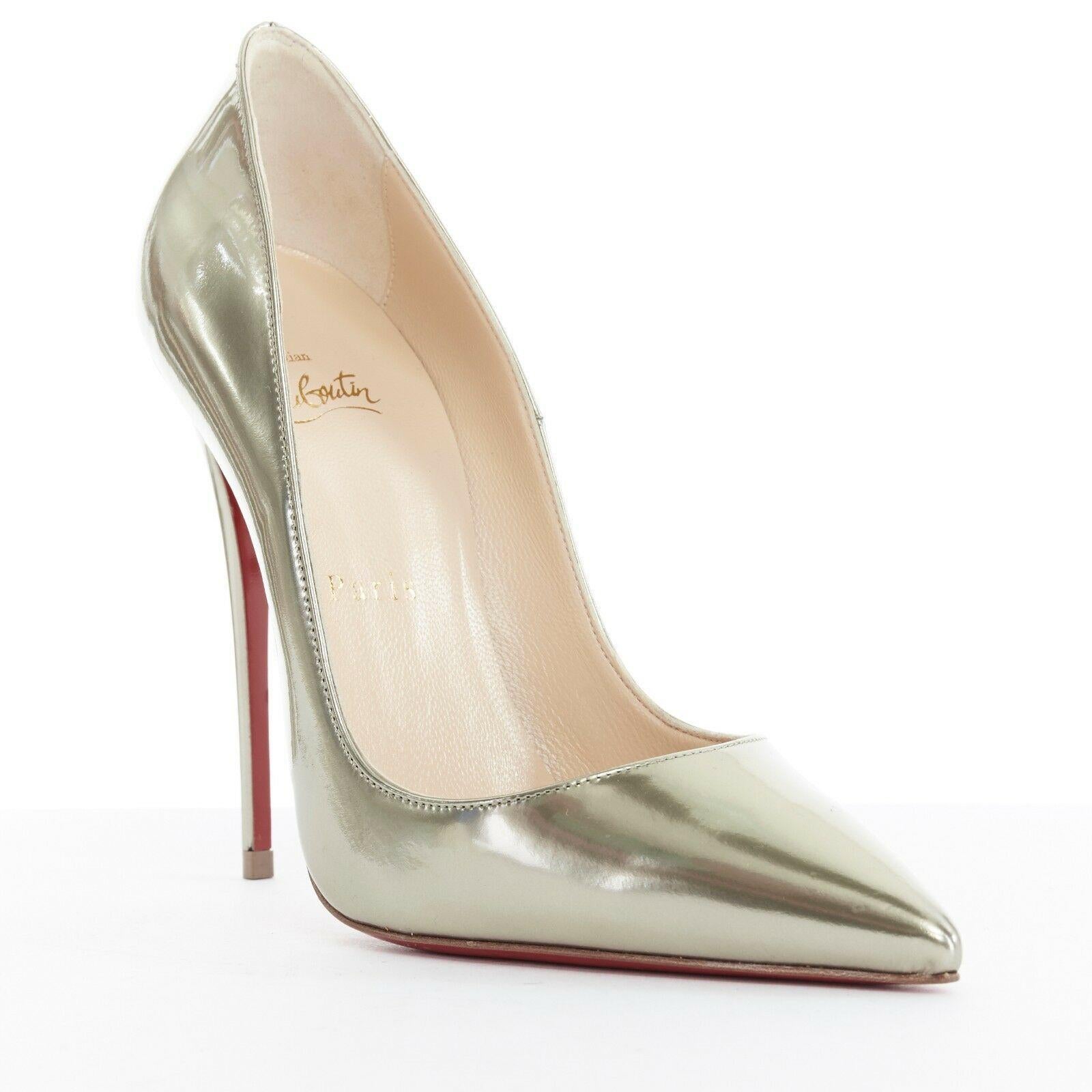 new CHRISTIAN LOUBOUTIN So Kate 120 dark silver mirrored leather pigalle EU38
CHRISTIAN LOUBOUTIN
So Kate 120. Antispecchio color. 
Dark gunmetal mirrored silver leather. 
Pointed toe.
Stiletto heel. 
Low-cut vamp. 
Nude leather piping. 
Slip on.