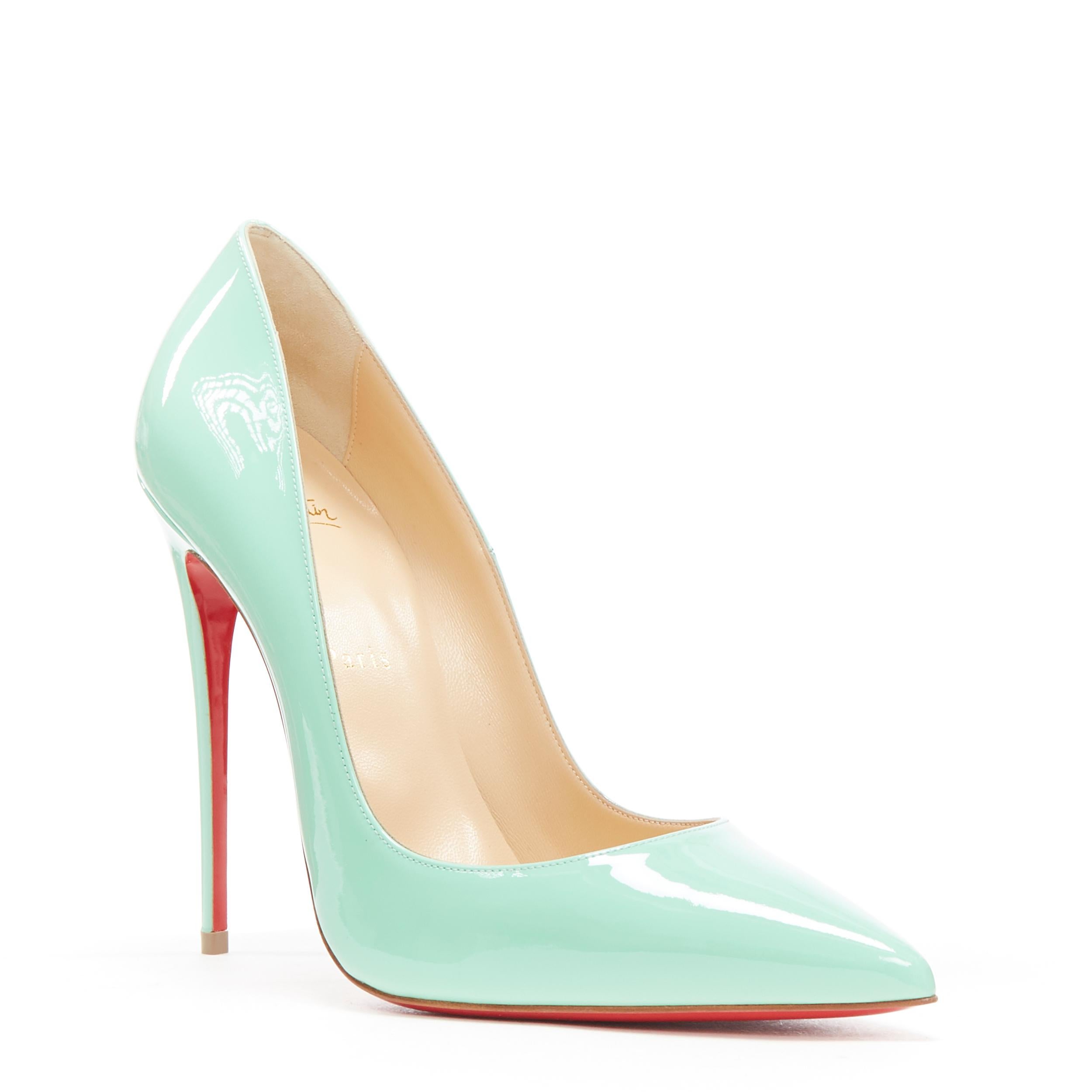 new CHRISTIAN LOUBOUTIN So Kate 120 opal blue patent pigalle pump EU40.5
Brand: Christian Louboutin
Designer: Christian Louboutin
Model Name / Style: So Kate 120
Material: Patent leather
Color: Blue
Pattern: Solid
Extra Detail: Style code: 3130694