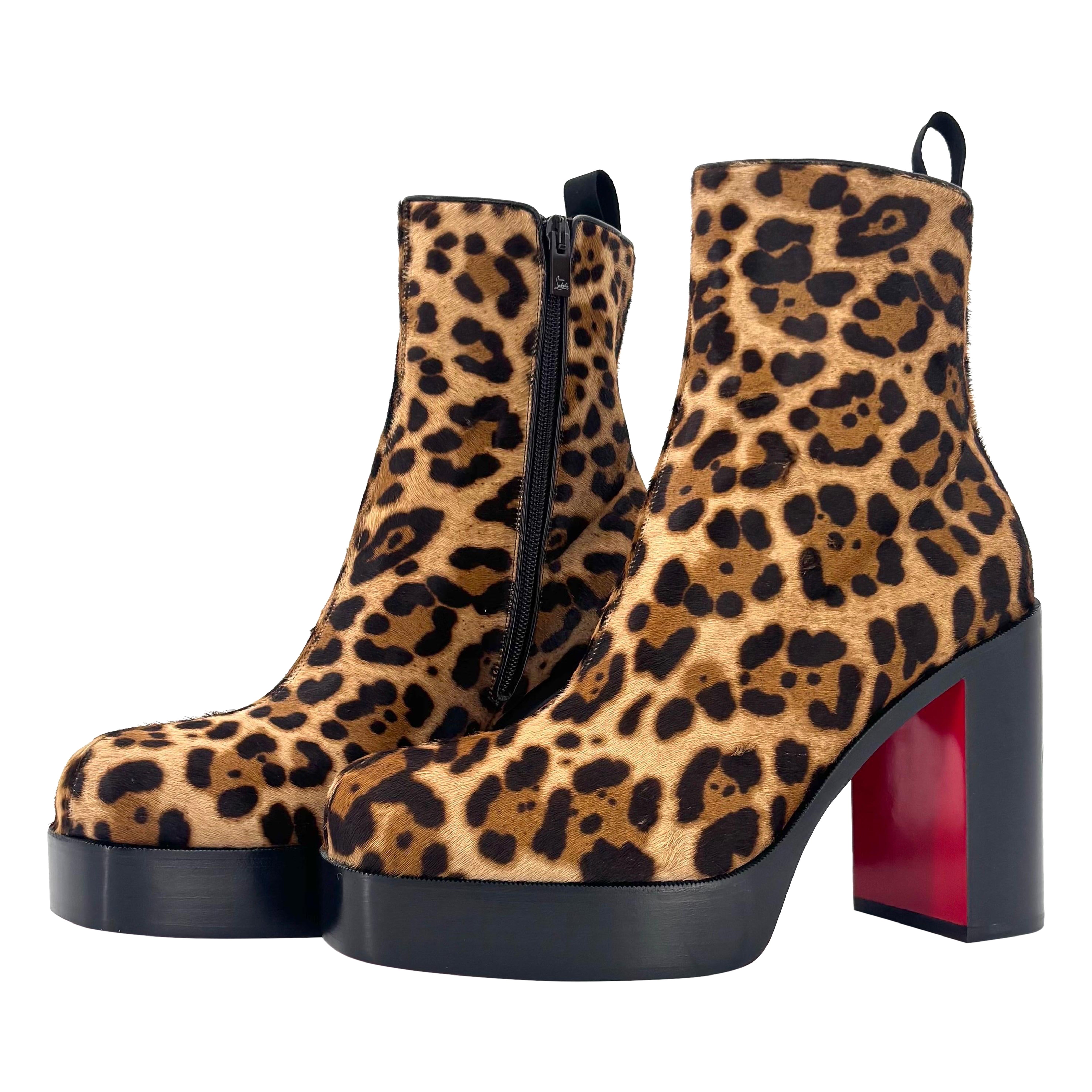 NEW Christian Louboutin Stage 110 Ponyhair Leopard Print Platform Boots 42