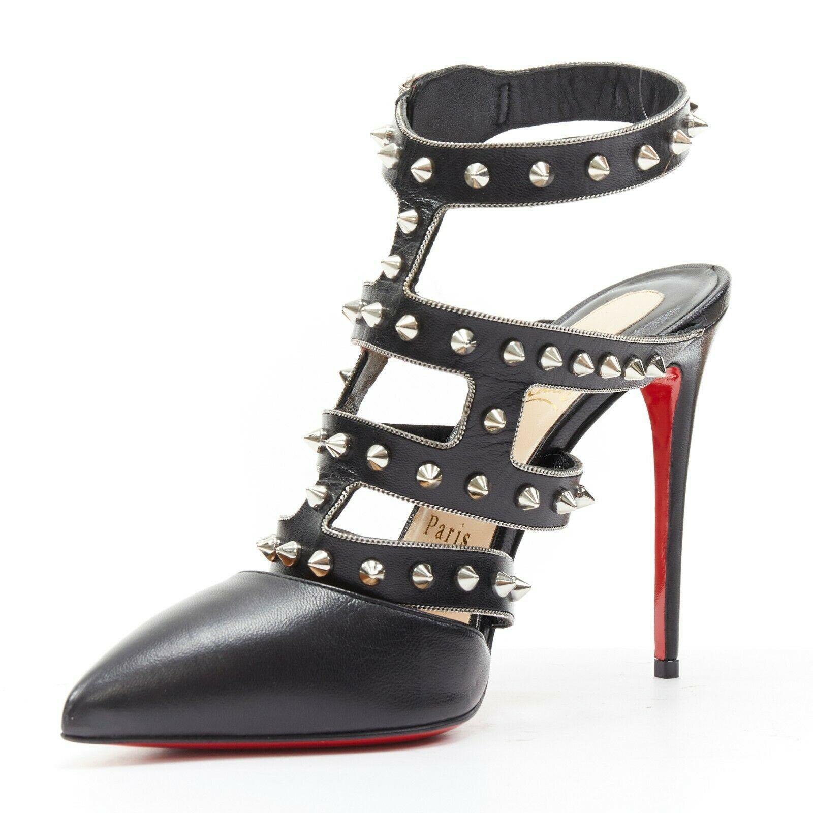 new CHRISTIAN LOUBOUTIN Tchicaboum 100 black spike stud chain trimmed pump EU37 In Good Condition In Hong Kong, NT