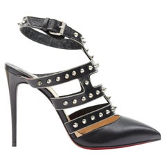 new CHRISTIAN LOUBOUTIN Tchicaboum 100 black spike stud chain trimmed pump EU37