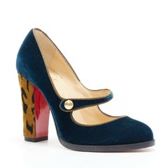 new CHRISTIAN LOUBOUTIN Top Street 100 blue velvet leopard mary jane pump EU36