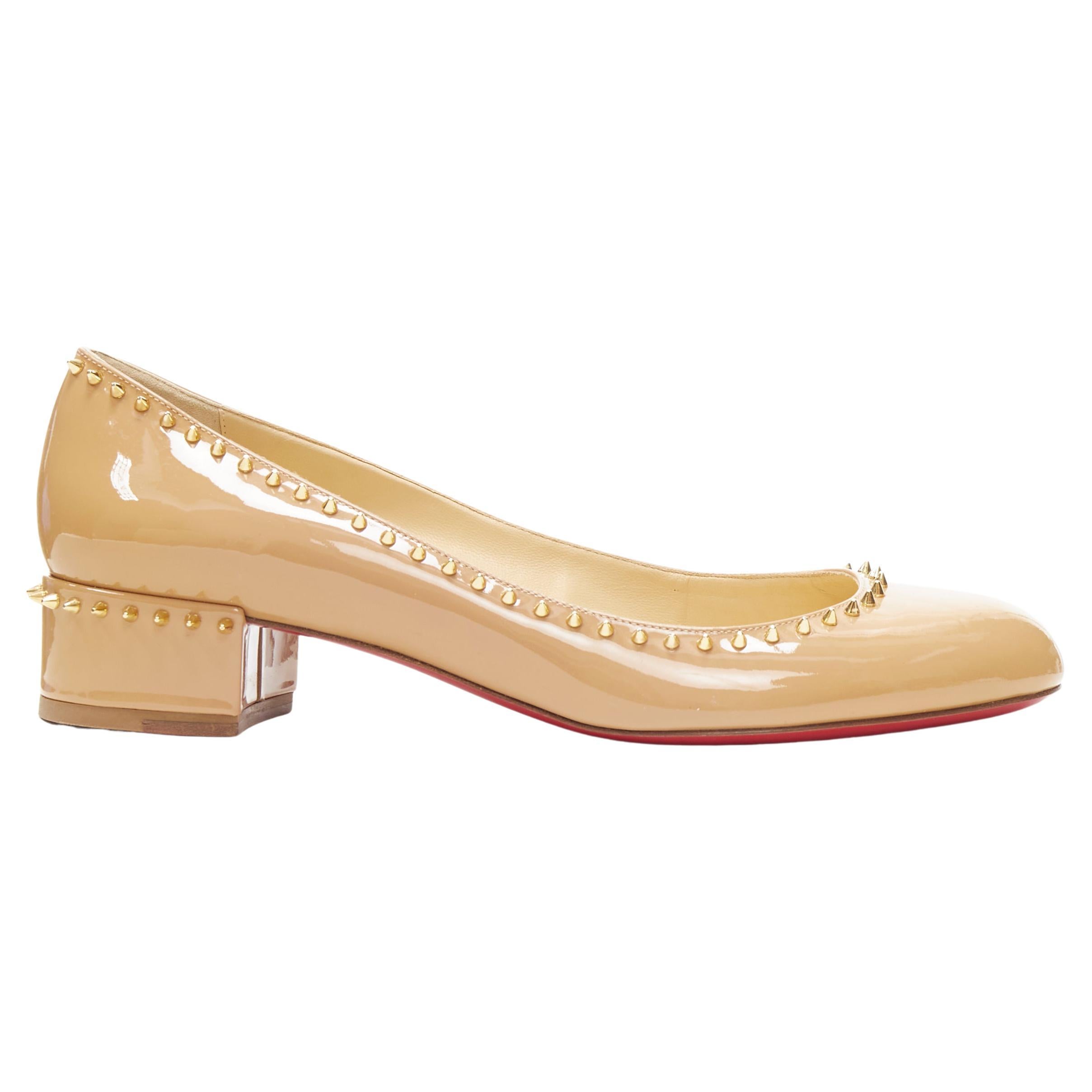 new CHRISTIAN LOUBOUTIN Trelilane 30 nude patent gold spike stud pump EU37.5