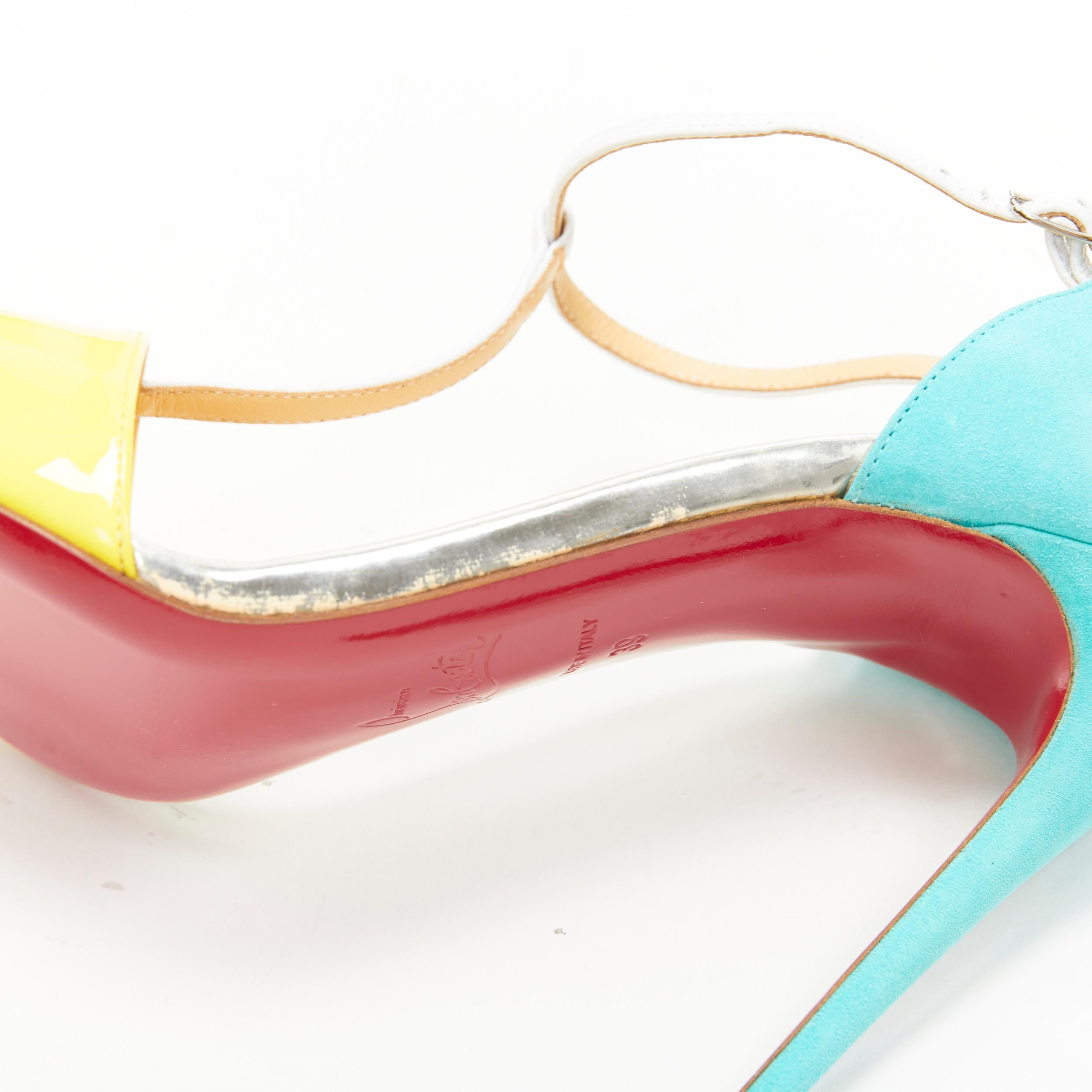neu CHRISTIAN LOUBOUTIN True Blue 100 gelb weiß blau T-strap Sandale EU39 5