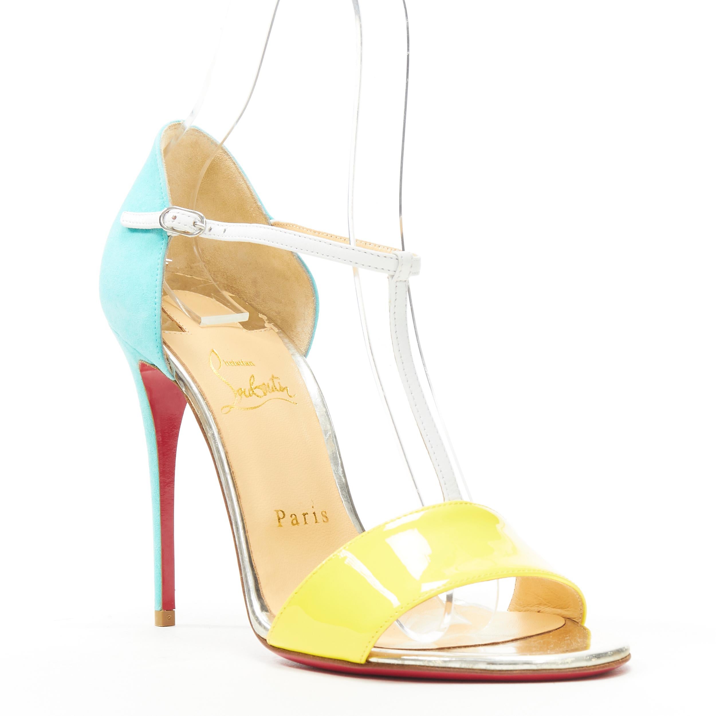 neu CHRISTIAN LOUBOUTIN True Blue 100 gelb weiß blau T-strap Sandale EU39 
Referenz: TGAS/B01011 
Marke: Christian Louboutin 
Designer: Christian Louboutin 
Modell: True Blue 100 
MATERIAL: Lackleder 
Farbe: Gelb 
Muster: Solide 
Verschluss: