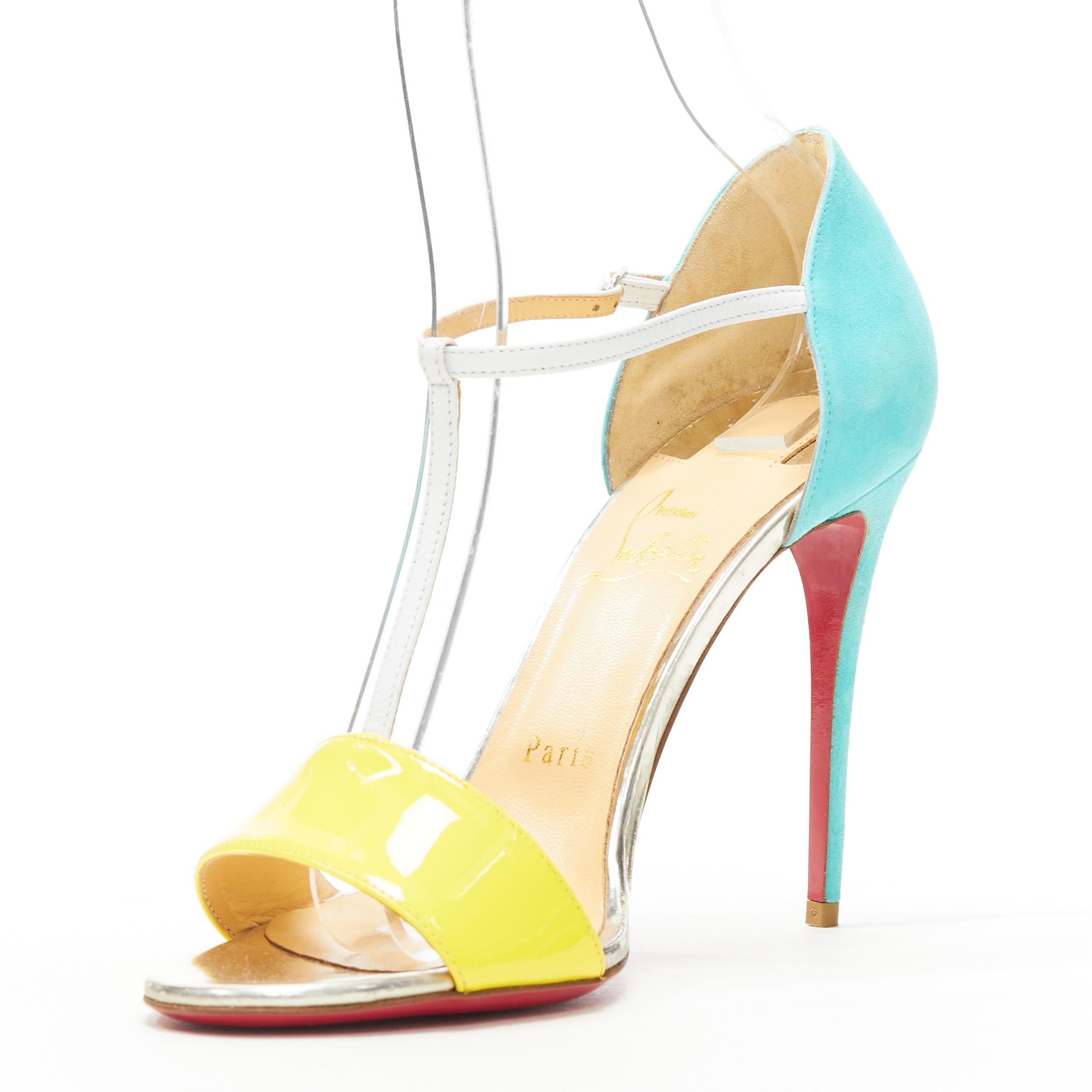 neu CHRISTIAN LOUBOUTIN True Blue 100 gelb weiß blau T-strap Sandale EU39 im Zustand „Gut“ in Hong Kong, NT