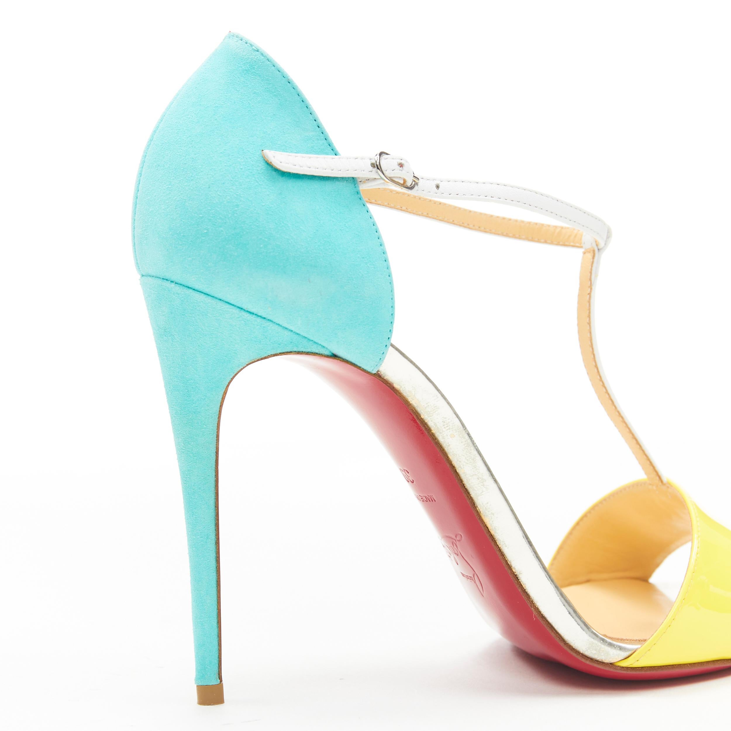 neu CHRISTIAN LOUBOUTIN True Blue 100 gelb weiß blau T-strap Sandale EU39 2