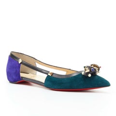 new CHRISTIAN LOUBOUTIN Tudor Young green blue suede metal bow stud flats EU38.5