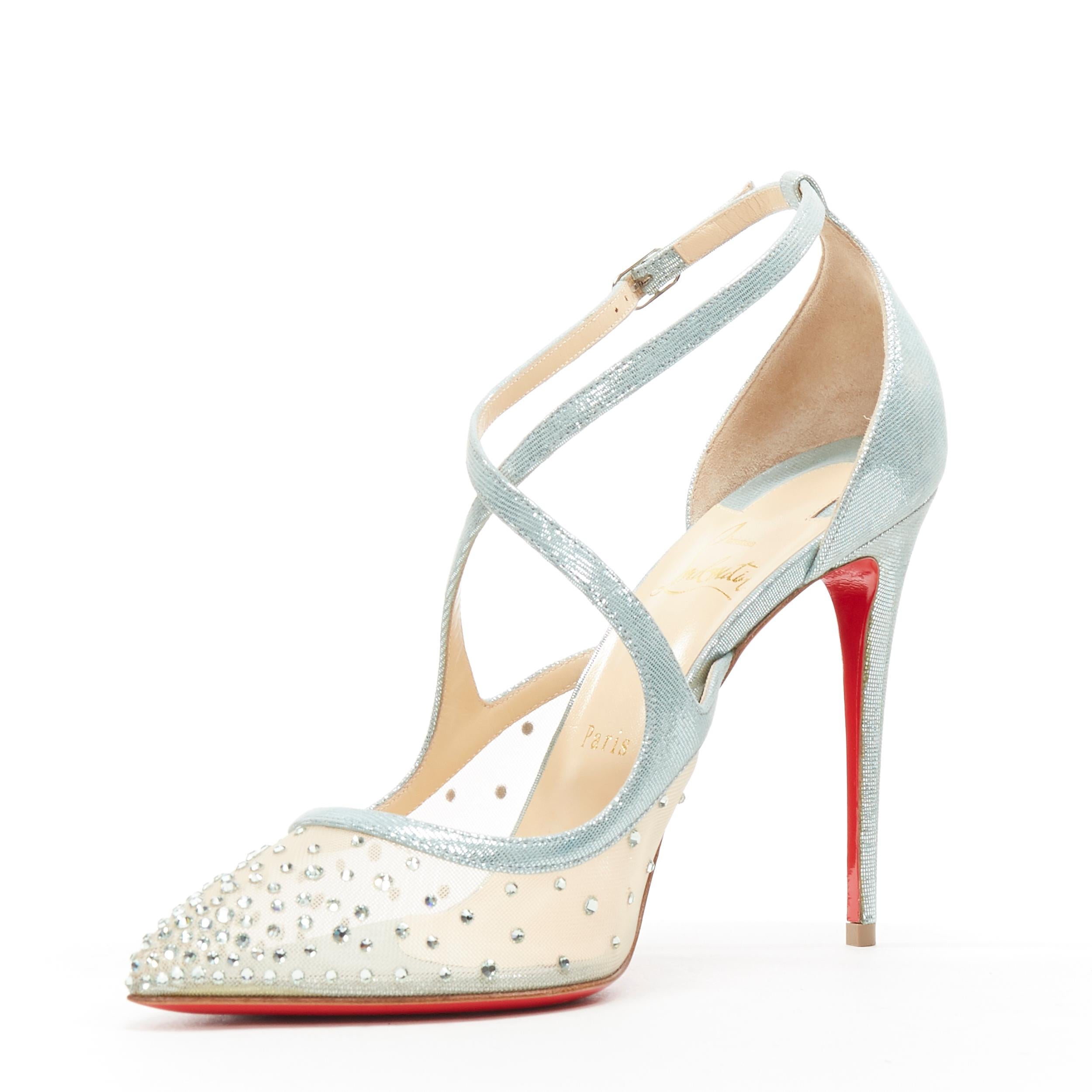 new CHRISTIAN LOUBOUTIN Twistissima Strass 100 blue crystal mesh cross pump EU39 In New Condition In Hong Kong, NT