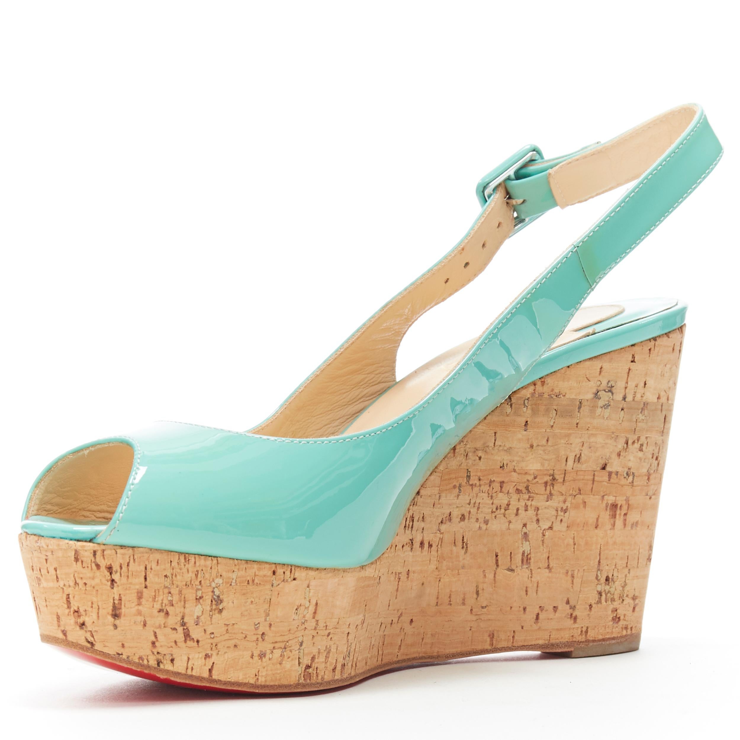 new CHRISTIAN LOUBOUTIN Une Plume Sling 100 turquoise peeptoe cork wedge EU37 In Excellent Condition In Hong Kong, NT