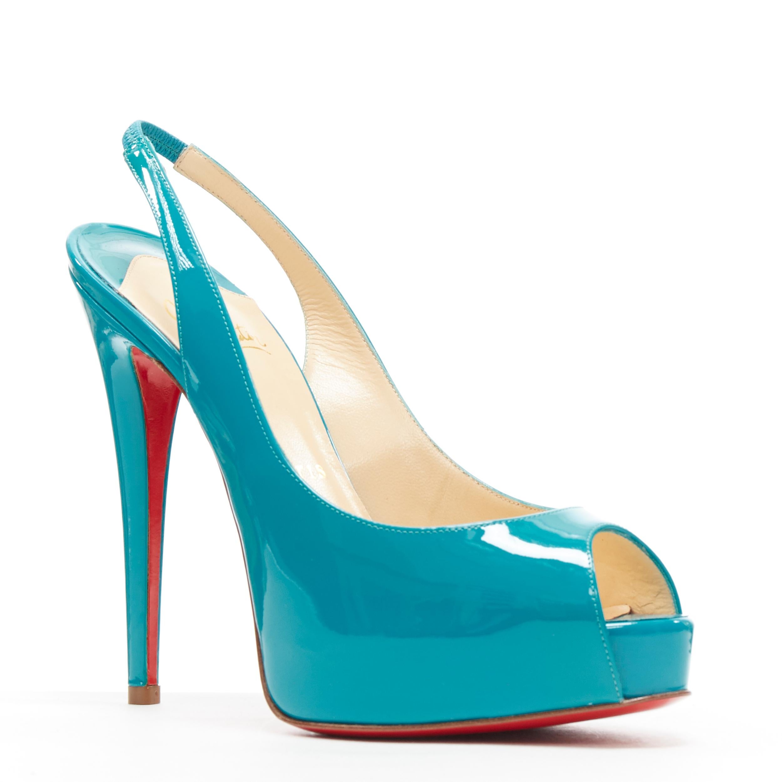 new CHRISTIAN LOUBOUTIN Vendome Sling 120 teal  patent peep toe platform EU37.5
Brand: Christian Louboutin
Designer: Christian Louboutin
Model Name / Style: Vendome Sling 120
Material: Patent leather
Color: Blue
Pattern: Solid
Closure: Sling
