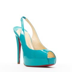 new CHRISTIAN LOUBOUTIN Vendome Sling teal blue patent platform peep heel EU36.5