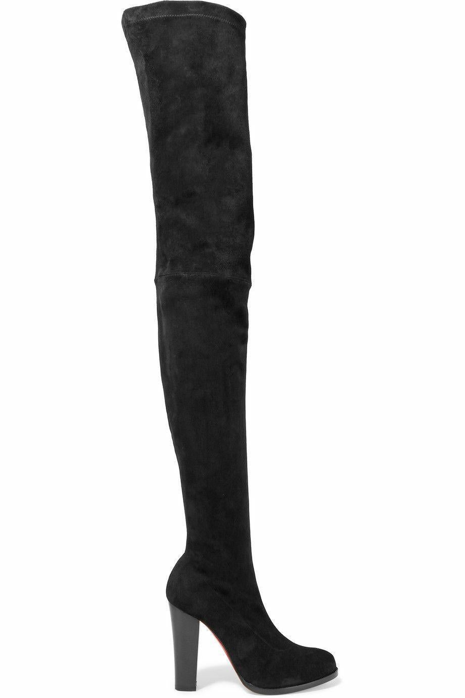 new CHRISTIAN LOUBOUTIN Verusch 100 black suede high heel over knee boots EU39
CHRISTIAN LOUBOUTIN
Verusch 100. 
ISecond-skin fit. 
Velvety black suede. 
Mid- thigh length. 
Stacked block heel. 
Zip fastening along side. 
Tan leather lining. 
Lighly