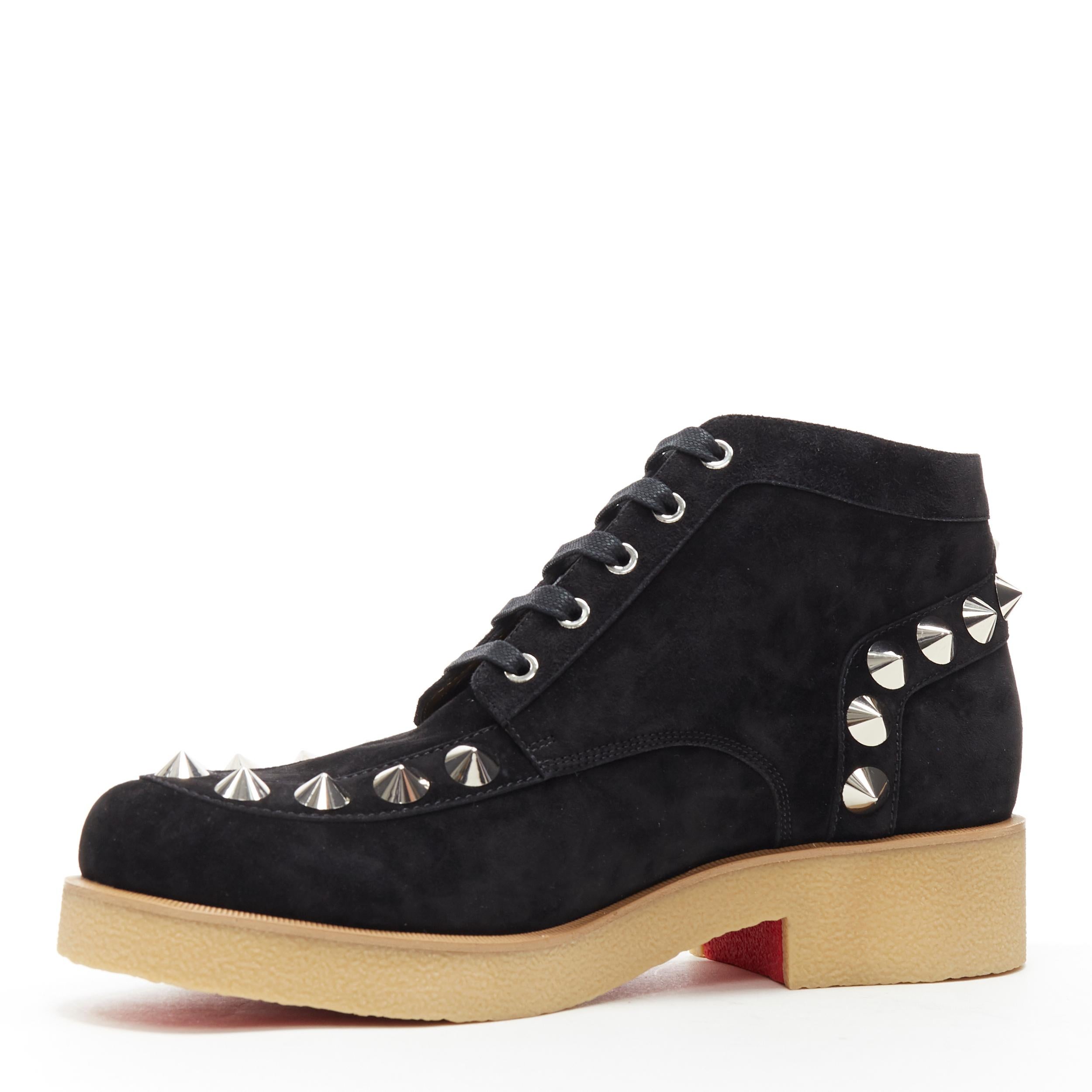 new CHRISTIAN LOUBOUTIN Yannick Flat black suede spike stud creeper boots EU42 In New Condition In Hong Kong, NT