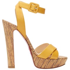 new CHRISTIAN LOUBOUTIN yellow cross strap ankle wrap printed cork platform EU38