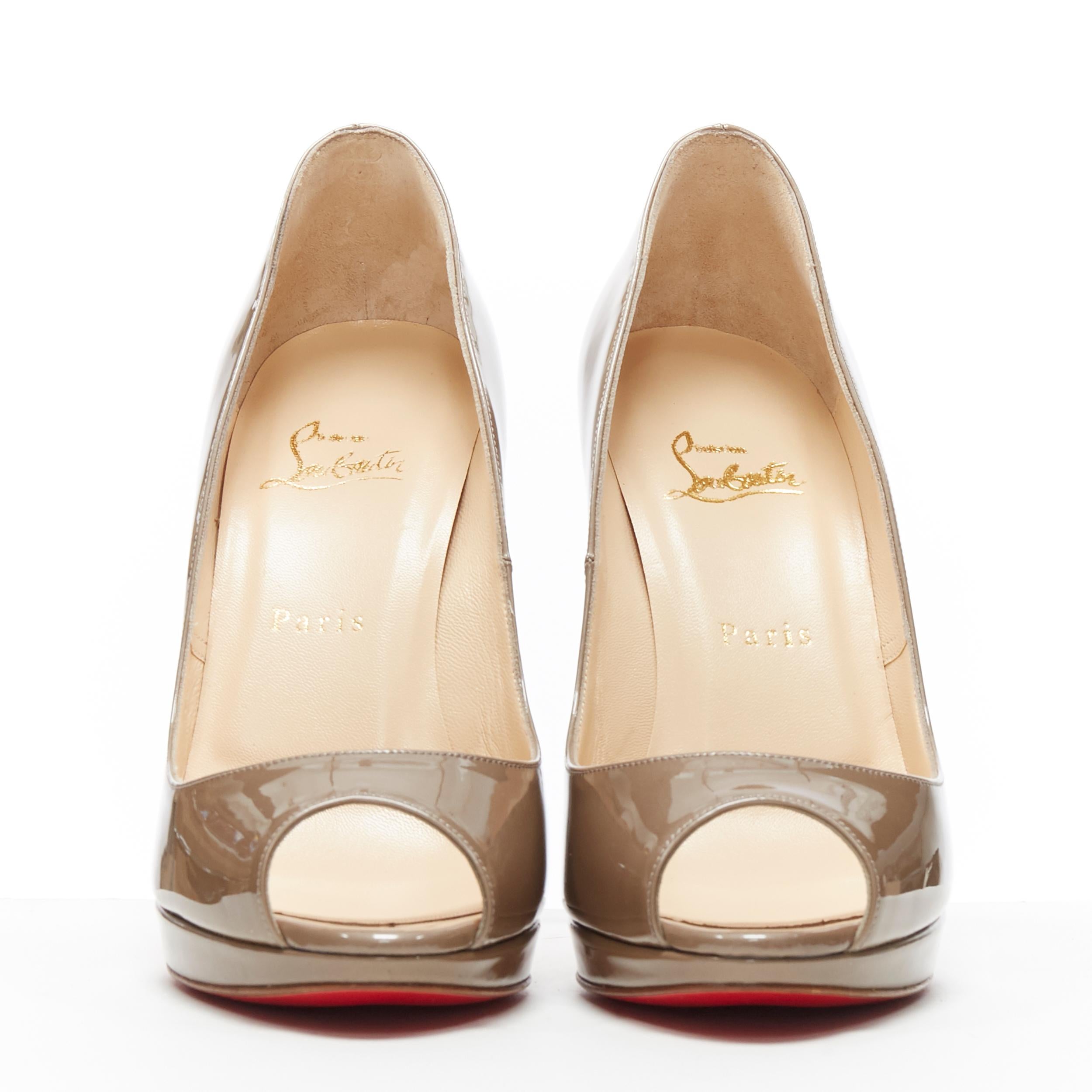 nuevo CHRISTIAN LOUBOUTIN Yolanda 120 taupe charol plataforma peep toe tacón EU39 Marrón