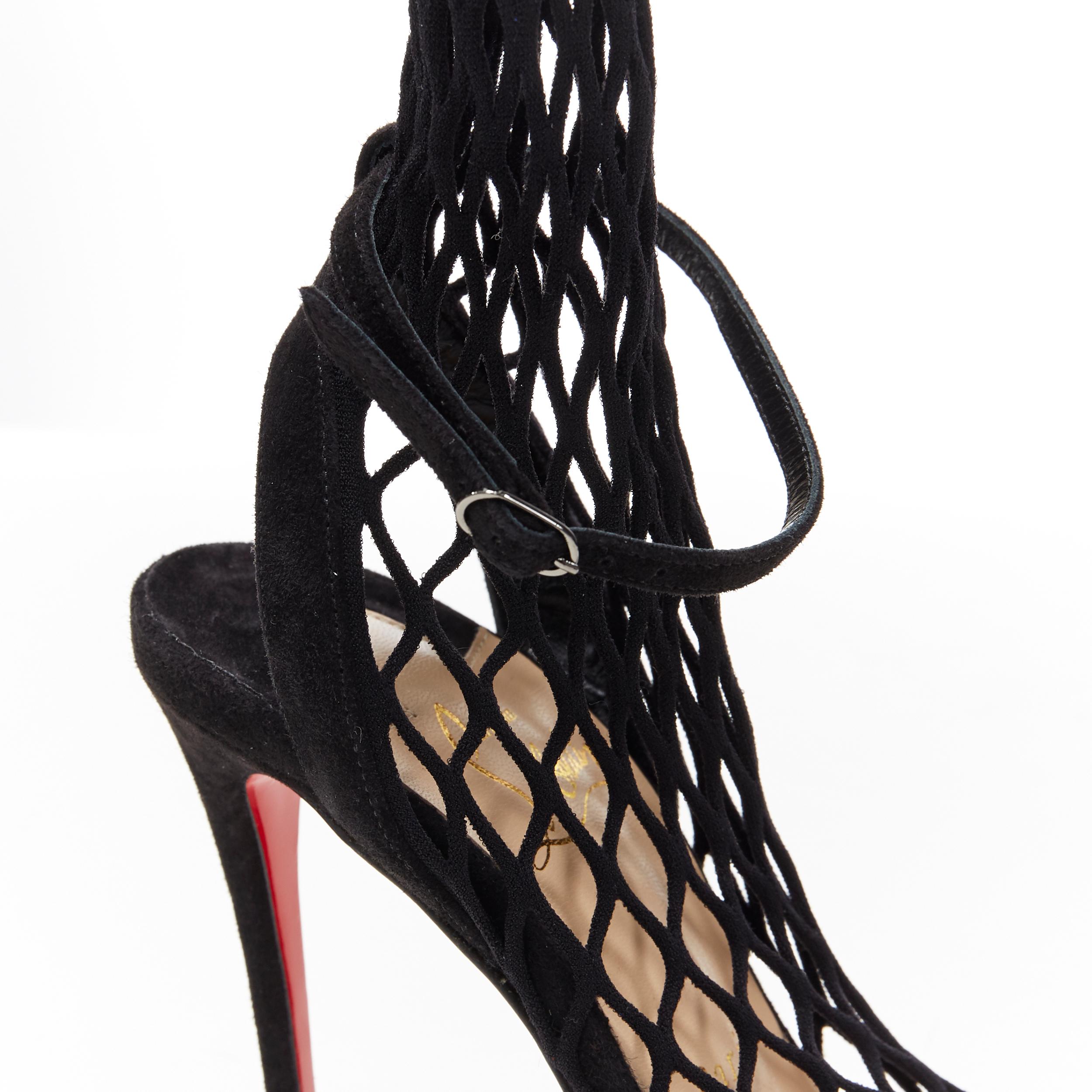 new CHRISTIAN LOUBOUTIN Zoom 100 black fishnet mesh tights strappy sandals EU38 In New Condition In Hong Kong, NT