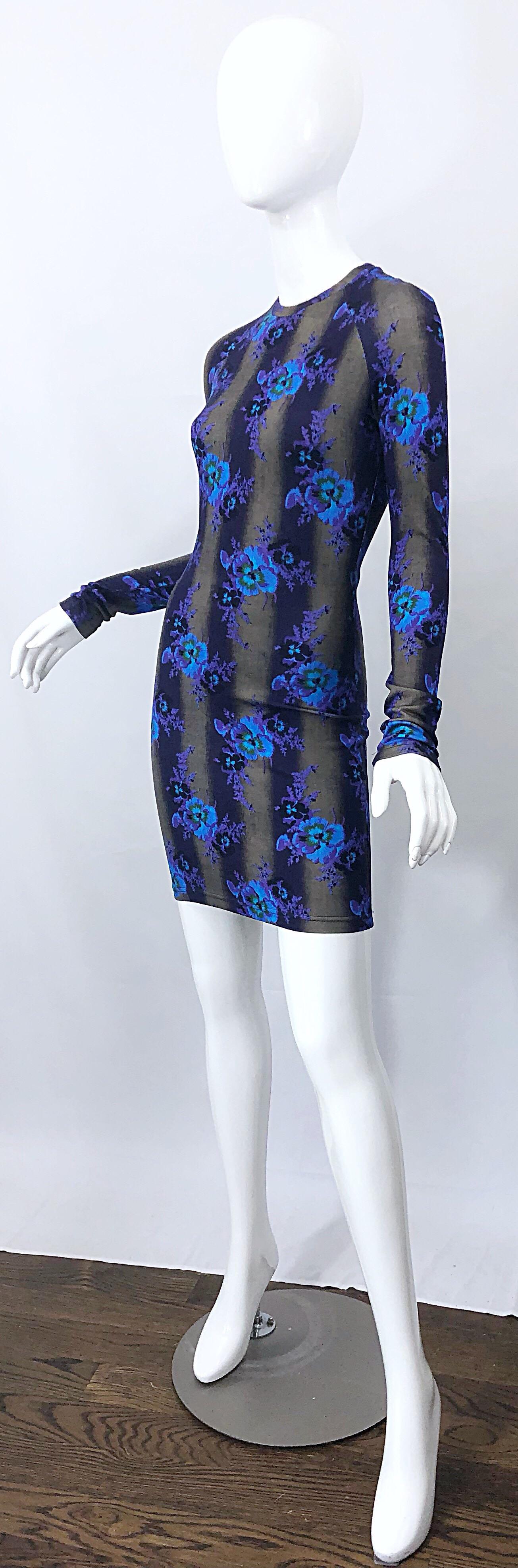 New Christopher Kane Long Sleeve Bodycon Flower Print Purple + Blue Stripe Dress For Sale 3