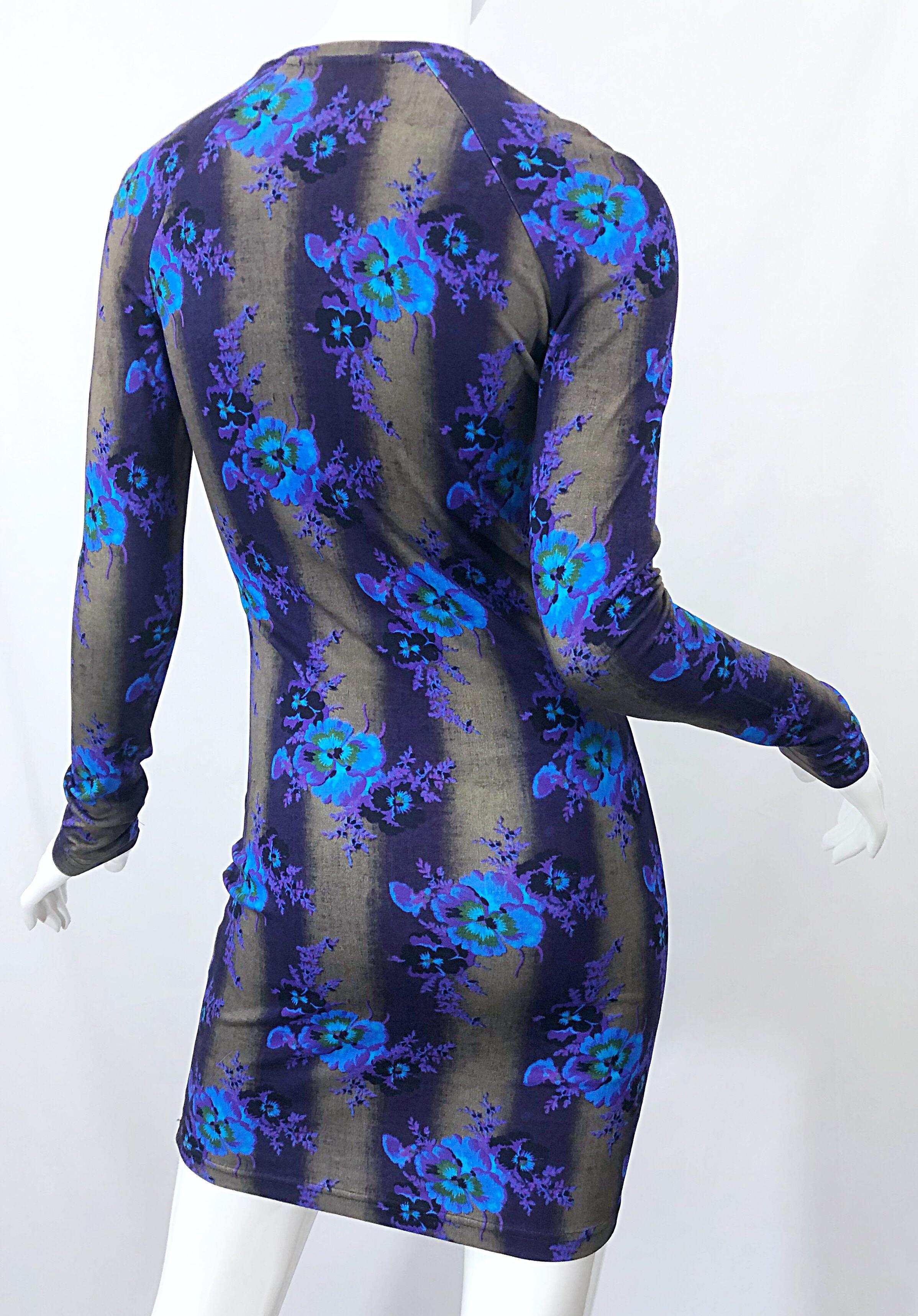 New Christopher Kane Long Sleeve Bodycon Flower Print Purple + Blue Stripe Dress For Sale 4