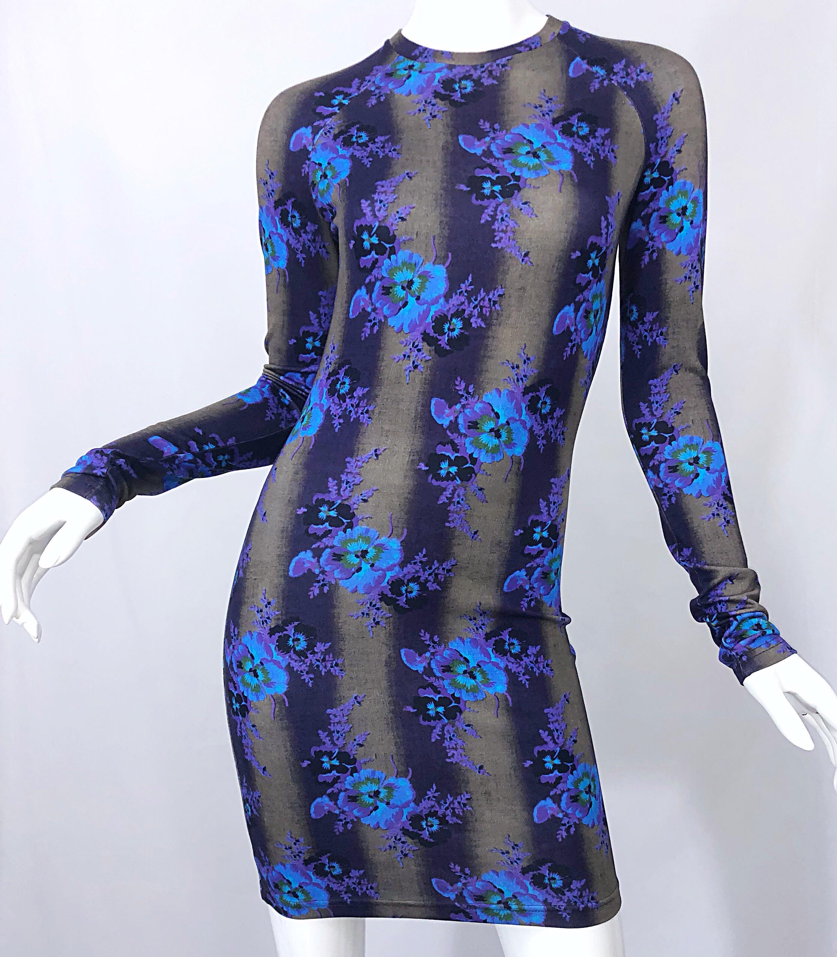 New Christopher Kane Long Sleeve Bodycon Flower Print Purple + Blue Stripe Dress For Sale 6